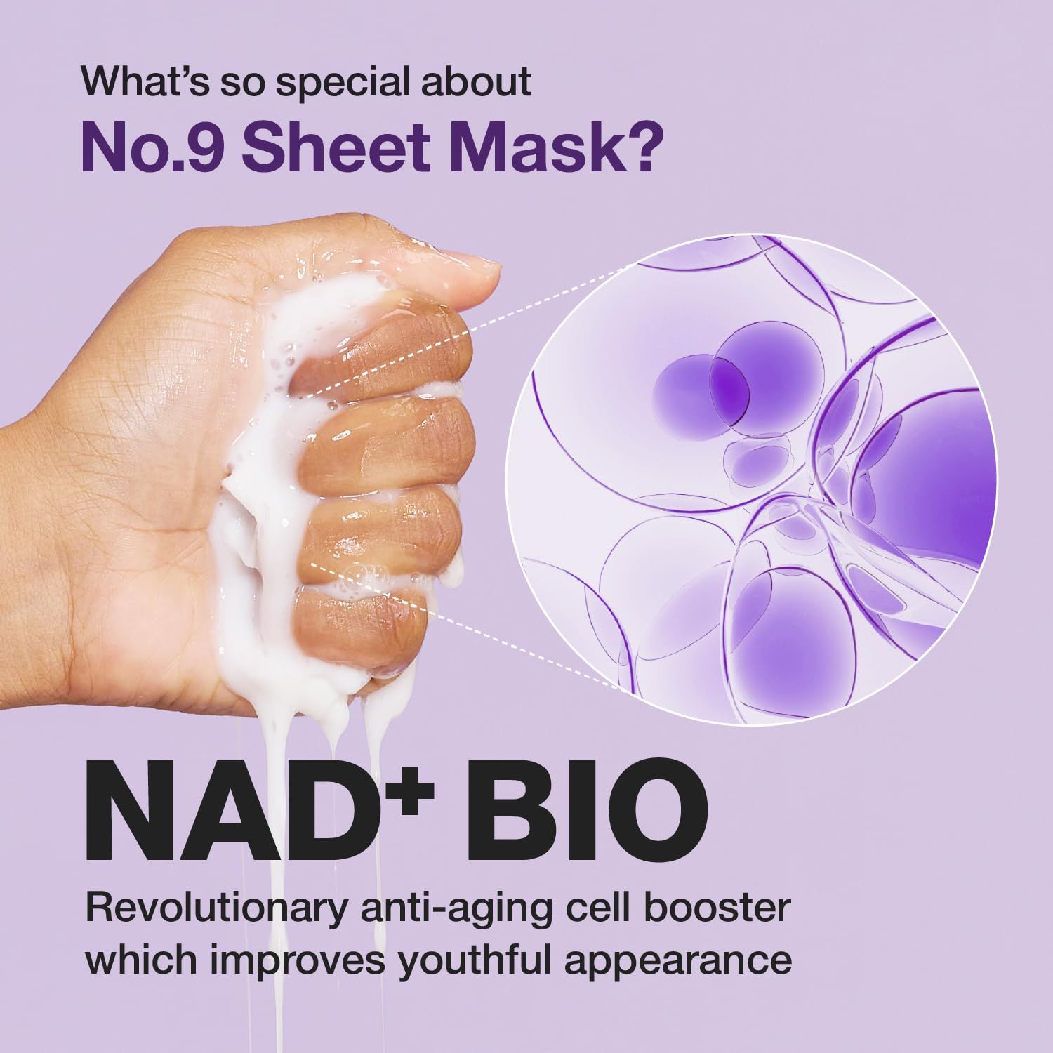 Hand drückt Maske aus. Flüssigkeit fließt. Text: NAD+ BIO, revolutionärer Anti-Aging-Zell-Booster, verbessert jugendliches Aussehen.