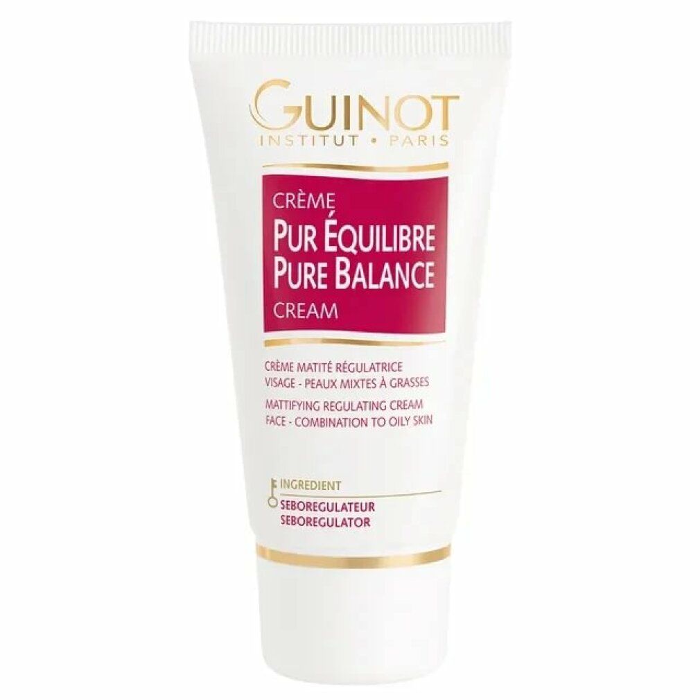 Weiß-rote Tube mit Produktnamen und Markennamen. Text: Crème Pur Équilibre, Pure Balance Cream, für Mischhaut.