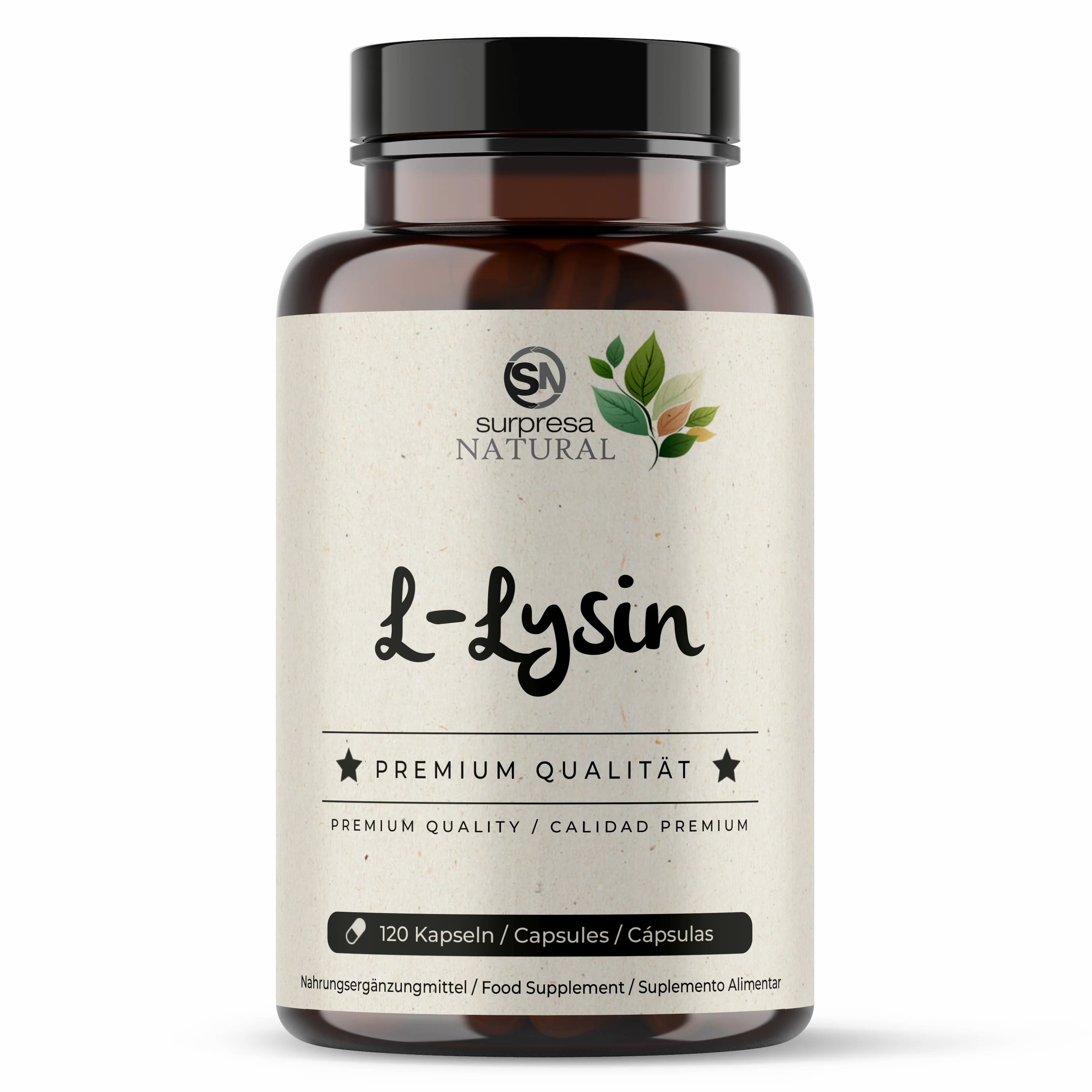 Braune Flasche mit weißen Kapseln. Aufschrift: Surpresa Natural L-Lysin, Premium Qualität. 120 Kapseln. Nahrungsergänzungsmittel.