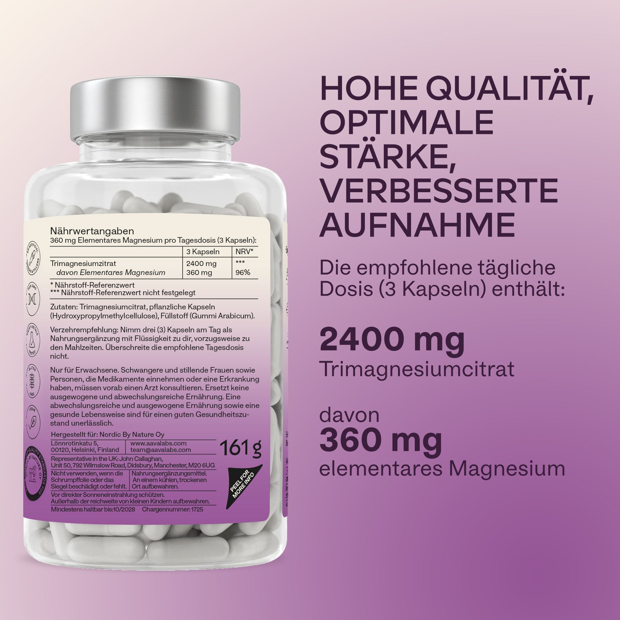 Rückseite der Magnesiumcitrat-Flasche mit Nährwertangaben.