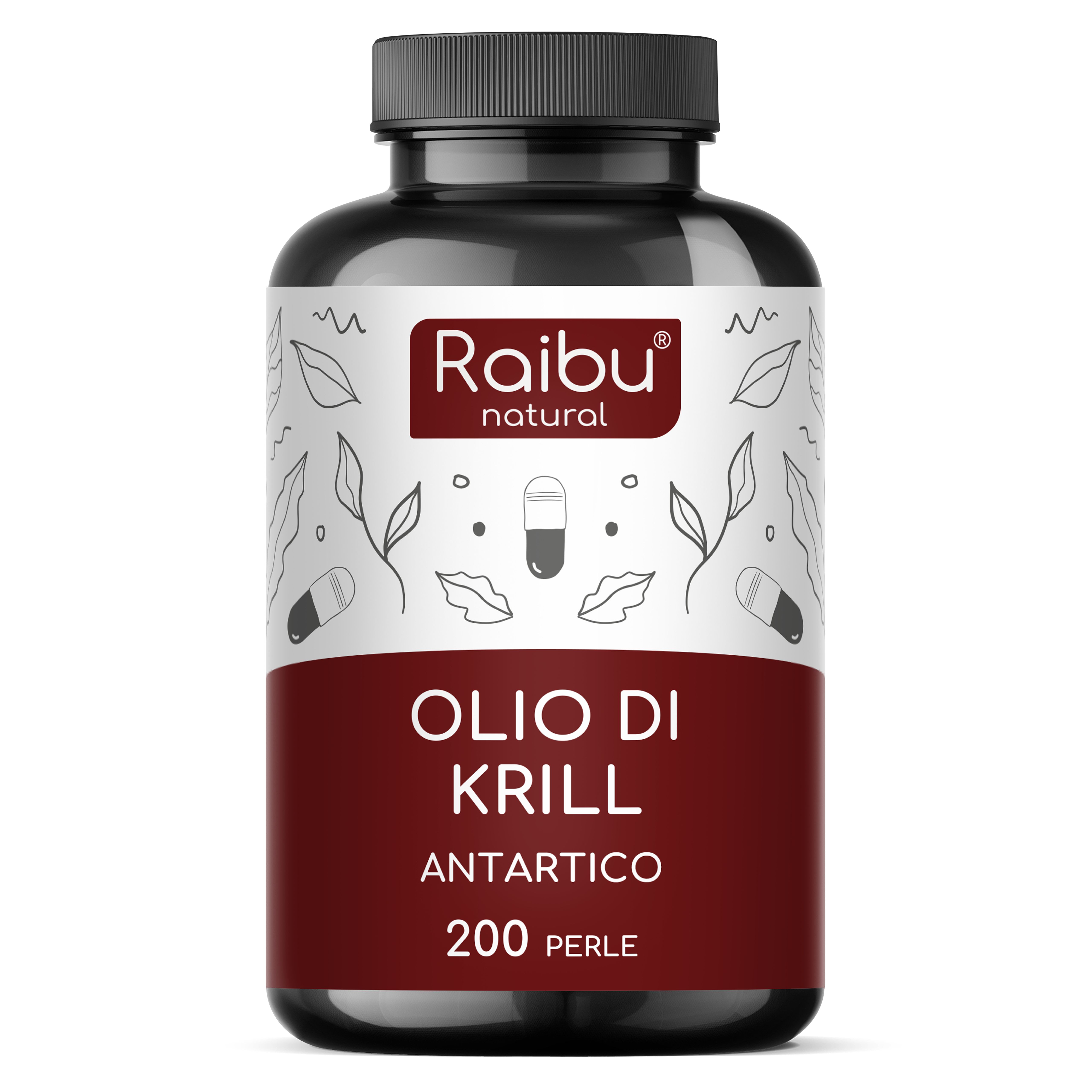 Braune Flasche mit schwarzen Deckel. Auf dem Etikett steht: Olio di Krill Antartico, 200 Perle. Raibu natural Logo.