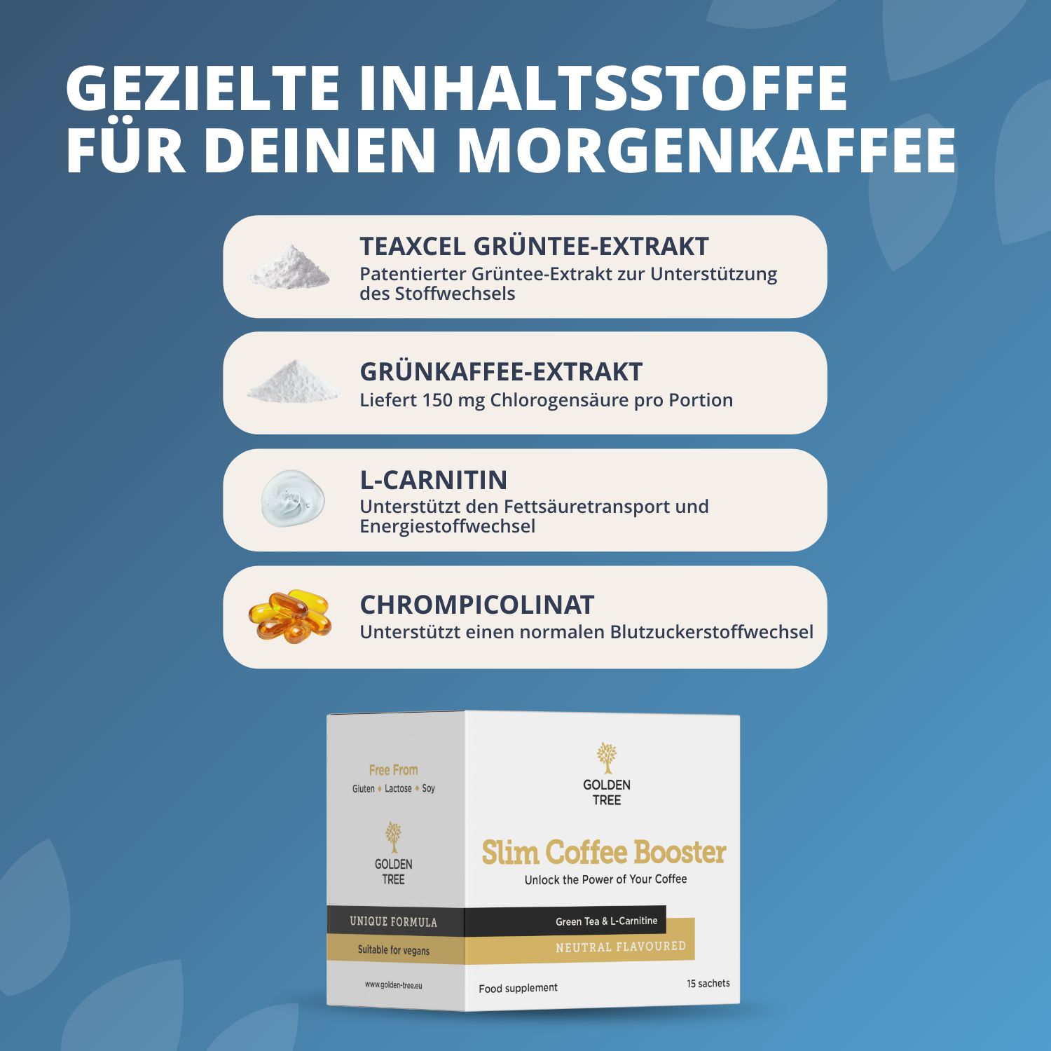 Golden Tree Slim Coffee Booster: Gezielte Inhaltsstoffe für Ihren Morgenkaffee.