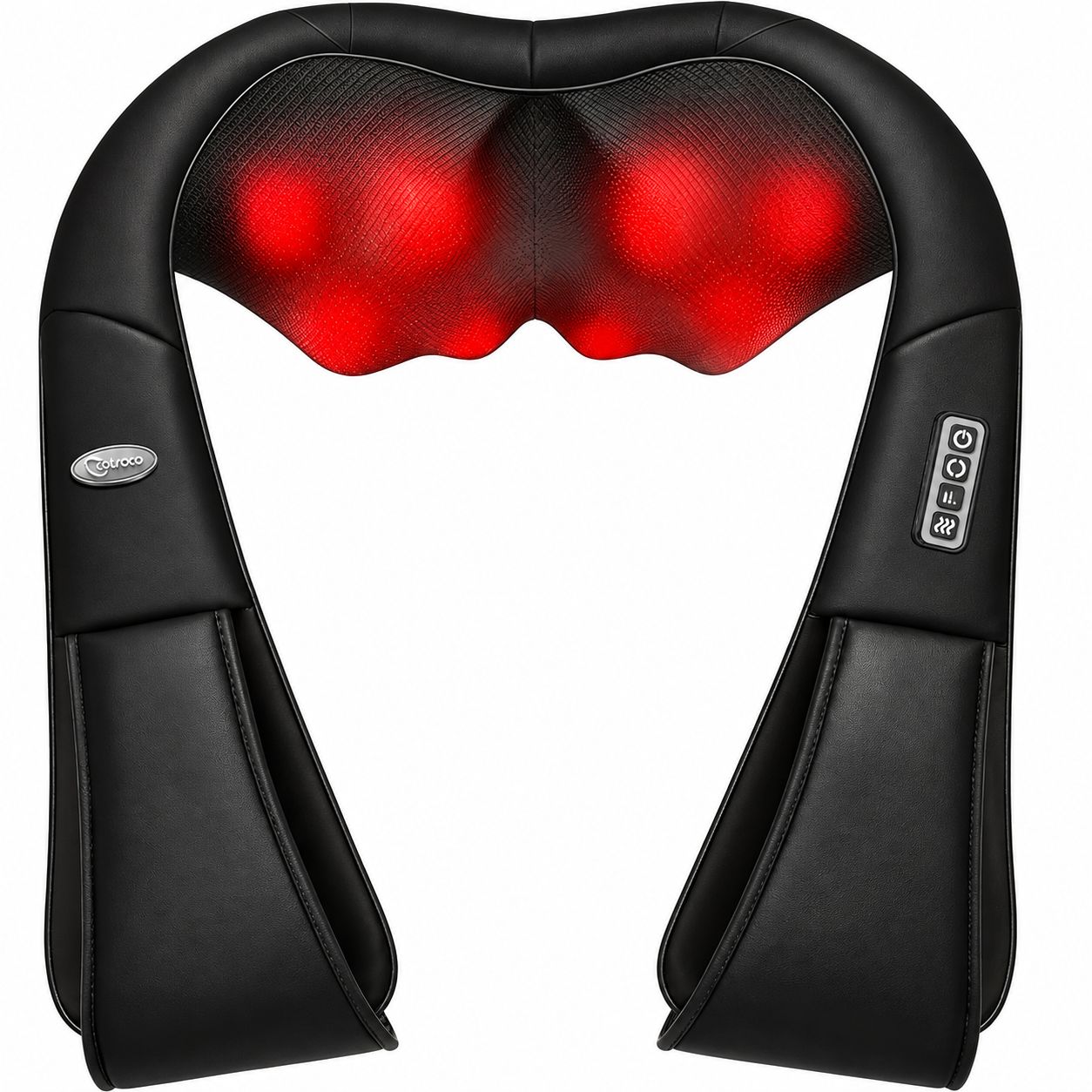 Nackenmassagegerät mit roten, leuchtenden Massageköpfen.