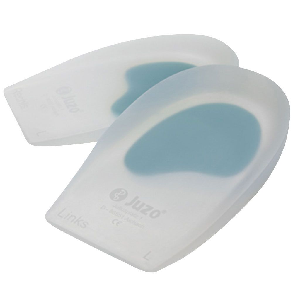Zwei transparente Fersenspornpolster mit blauem Gel-Einsatz. Auf einem ist "Juzo" und "Links" zu sehen.