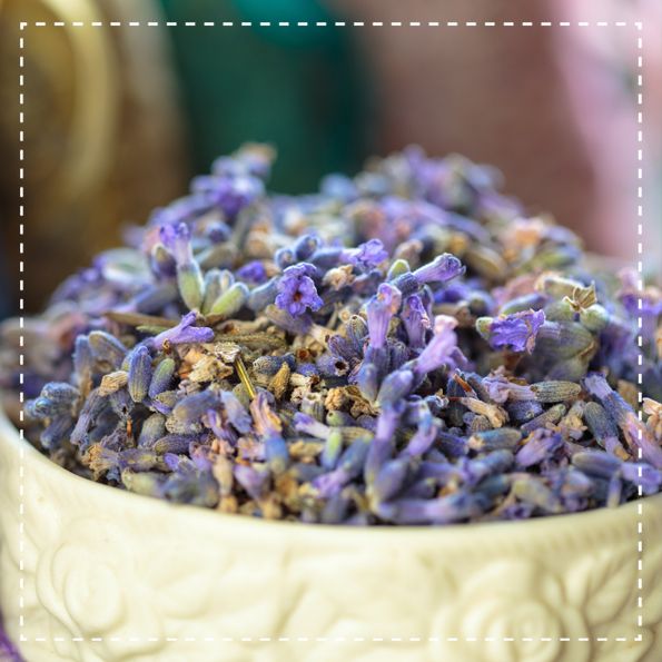 Nahaufnahme von Lavendelblüten in einer cremefarbenen Schale. Blüten sind lila und getrocknet.