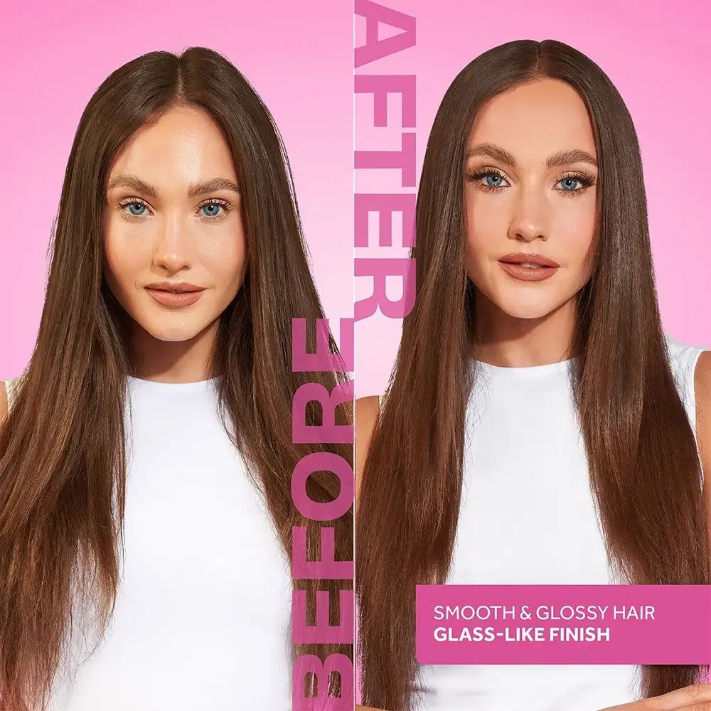 Vorher-Nachher-Vergleich. Zwei Frauen mit glattem Haar. Text: Smooth & Glossy Hair, Glass-Like Finish.