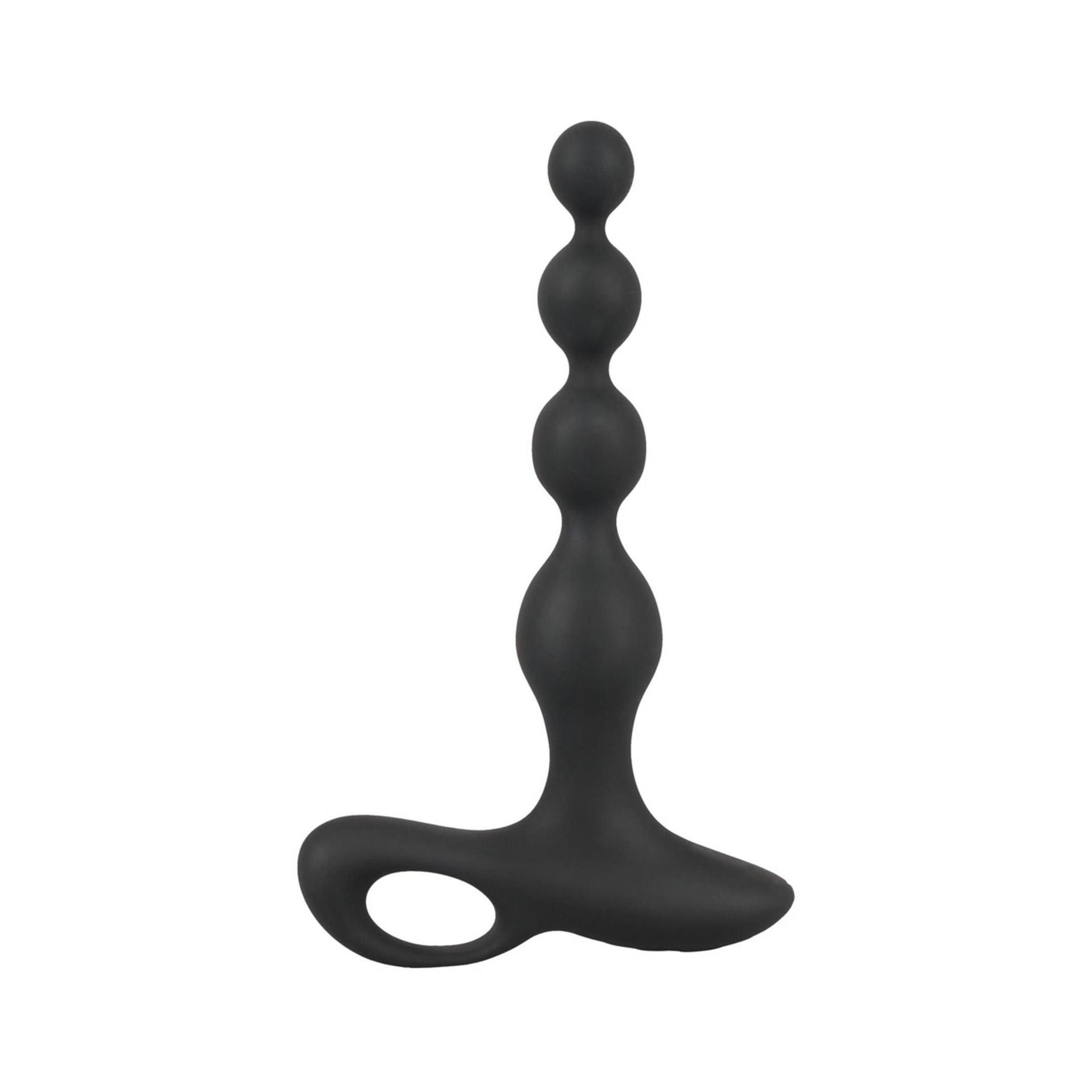 Schwarzes, längliches Produkt mit drei Kugeln und einem gebogenen Griff. Aus Silikon.