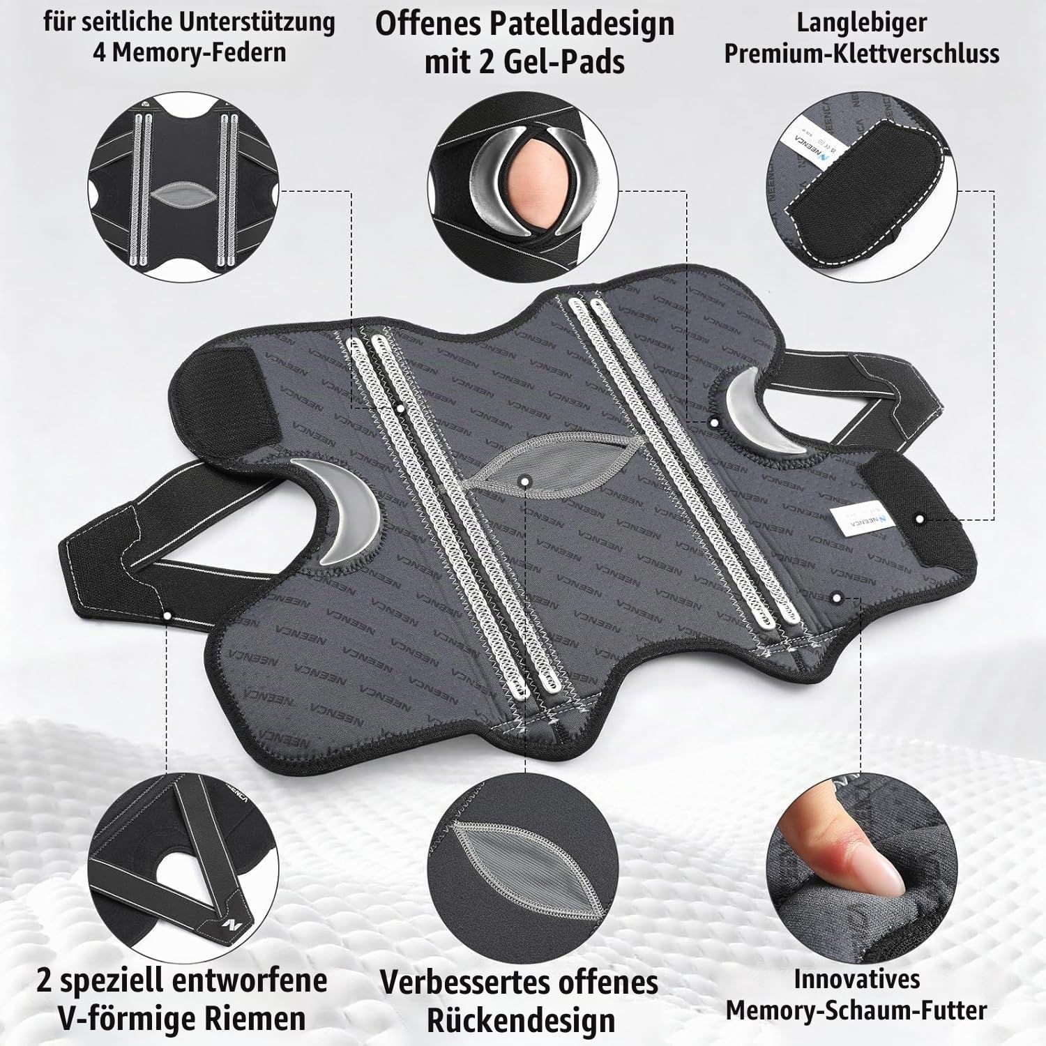 Kniebandage mit seitlicher Unterstützung, Patelladesign und Klettverschluss.