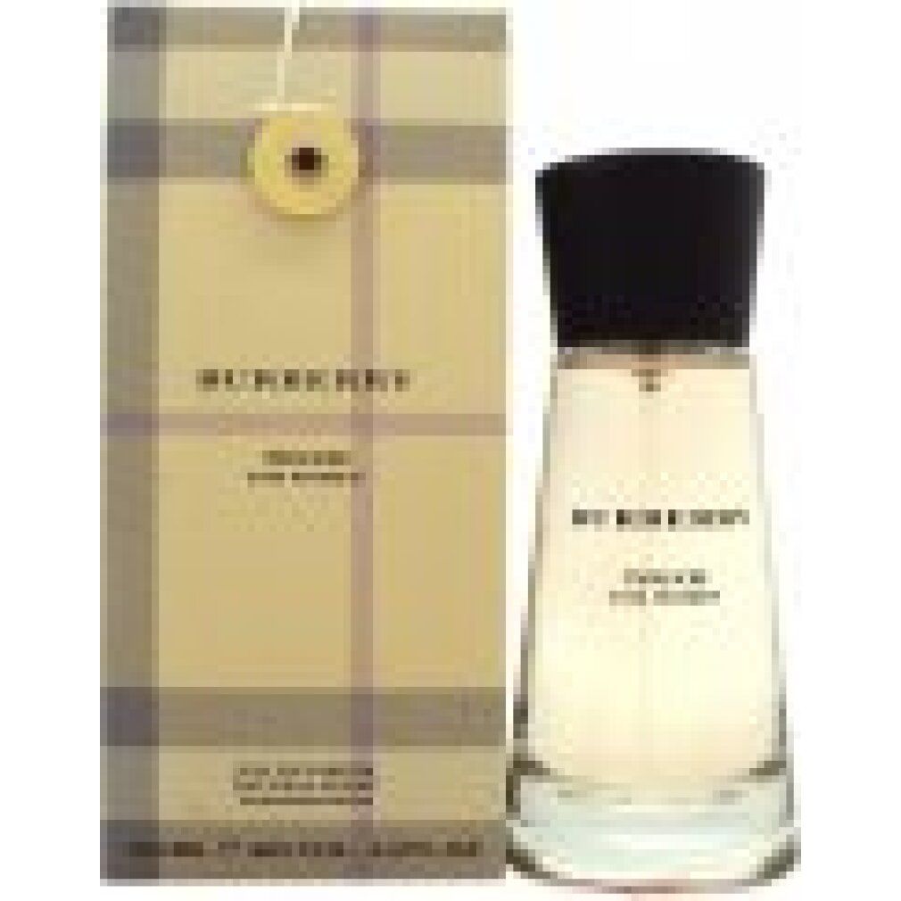 Burberry Touch for Women EdP Flakon und Verpackung. Beige karierte Box, Flakon mit schwarzem Deckel.