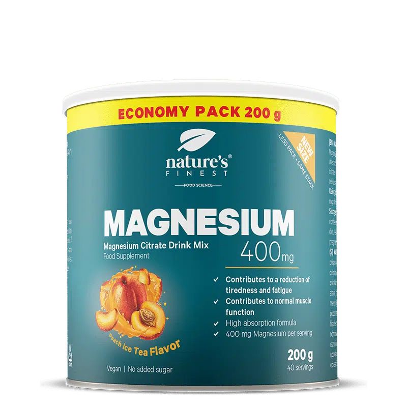Dose "MAGNESIUM 400mg" mit Pfirsich-Eistee-Geschmack. 200g Economy Pack. "Nature's Finest" Marke.