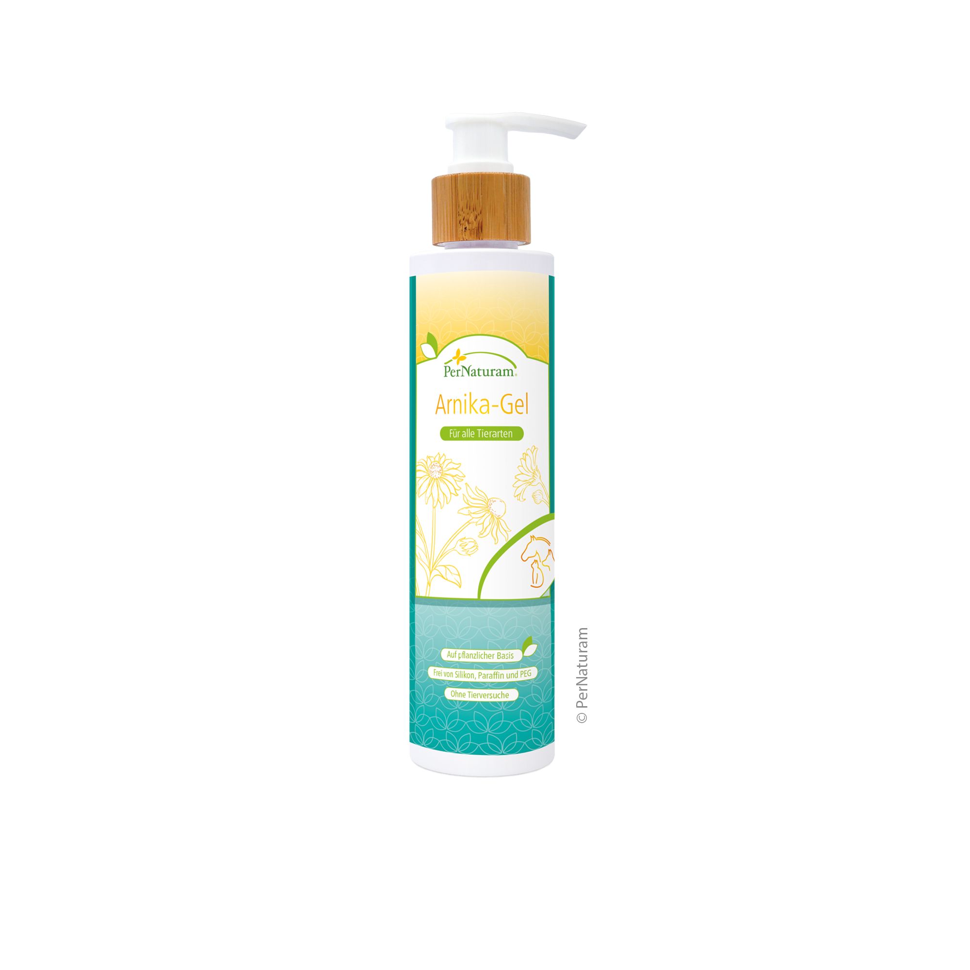 Gel-Flasche mit Pumpverschluss. Aufschrift: Arnika-Gel. Etikett mit floralen Illustrationen und Markennamen PerNaturam.