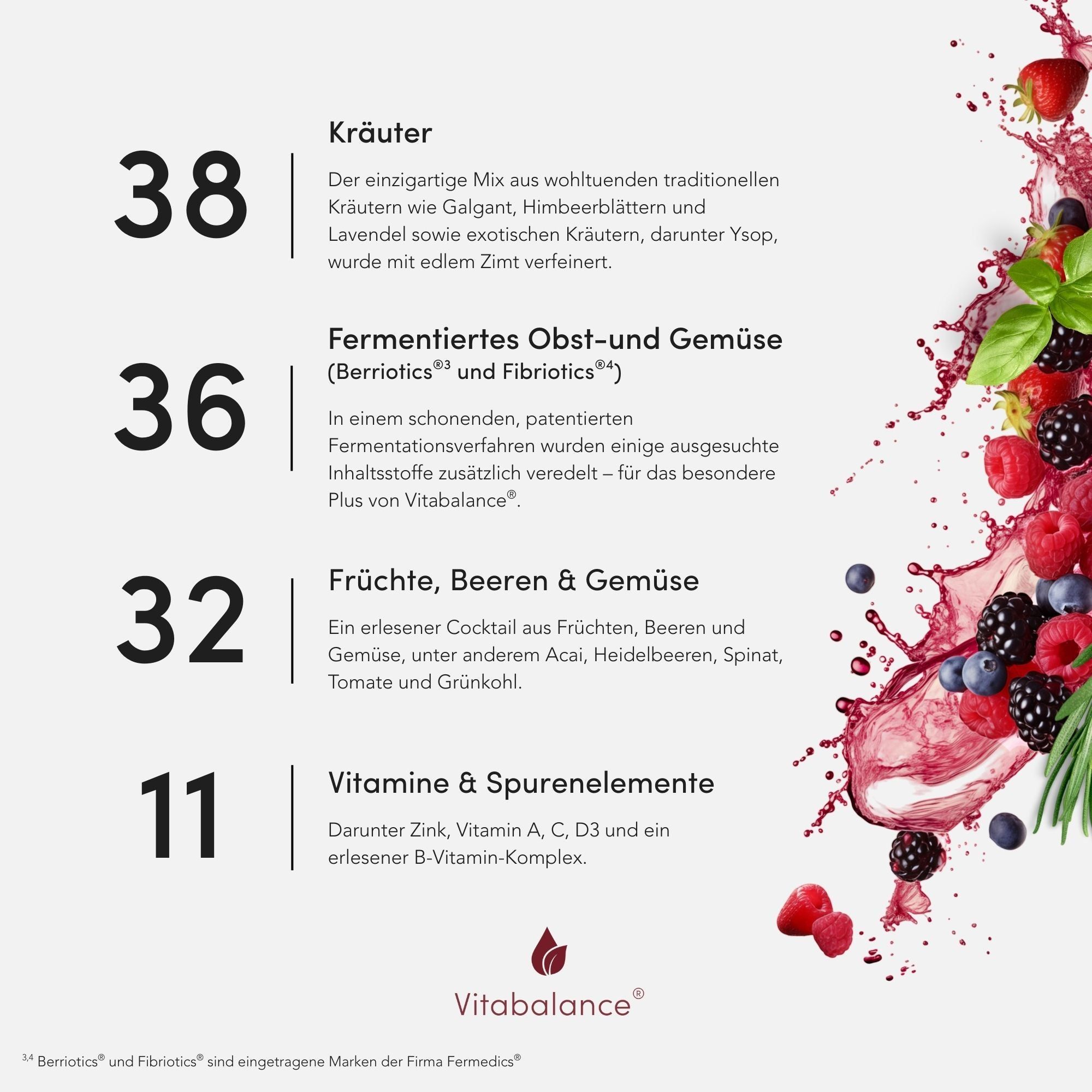 Infografik mit Zahlen und Texten. Kräuter, fermentiertes Obst und Gemüse, Früchte, Beeren & Gemüse, Vitamine & Spurenelemente.