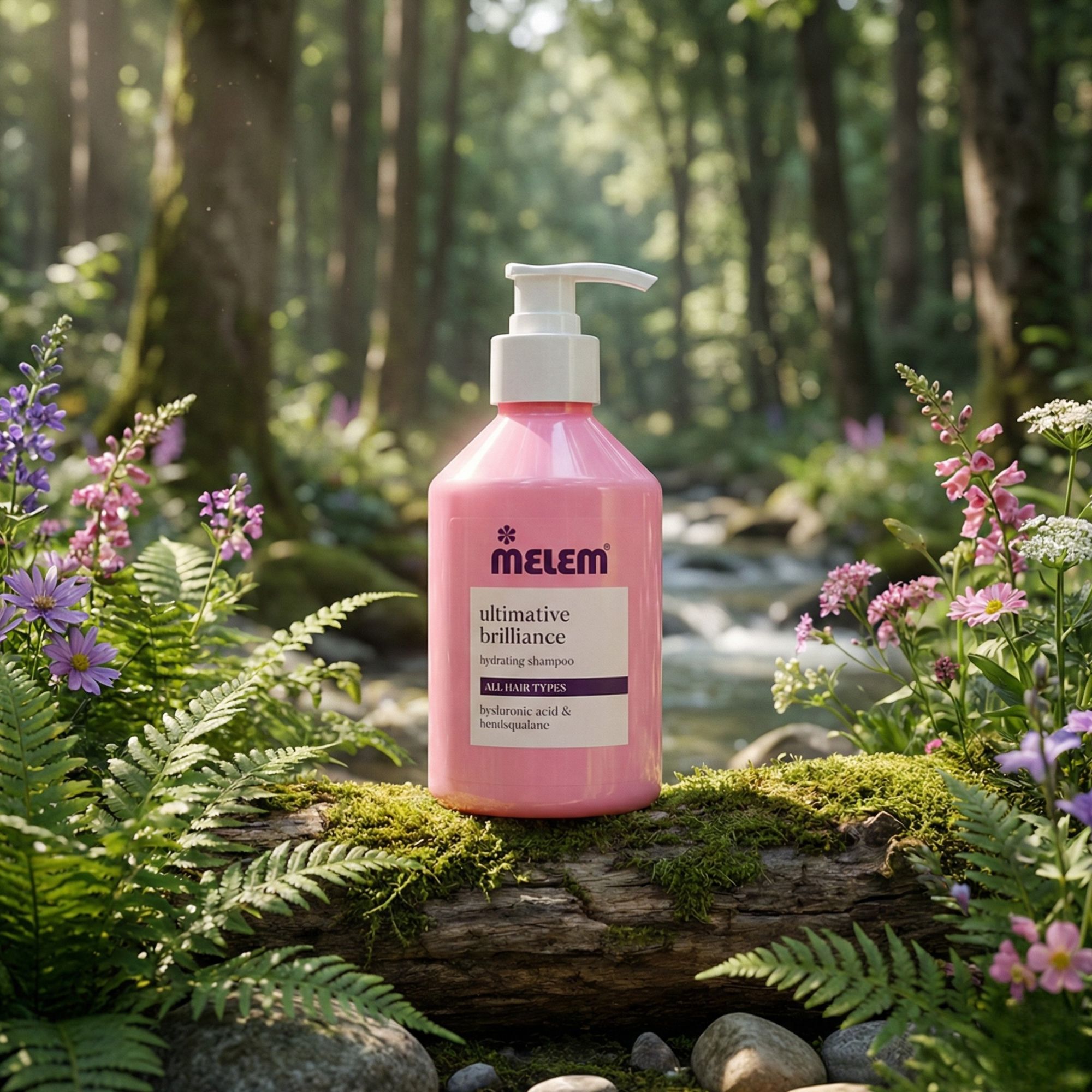 Rosa Shampoo-Flasche mit weißem Pumpkopf. Aufschrift: Melem, ultimative Brillianz. Auf einem Baumstamm in Naturumgebung platziert.