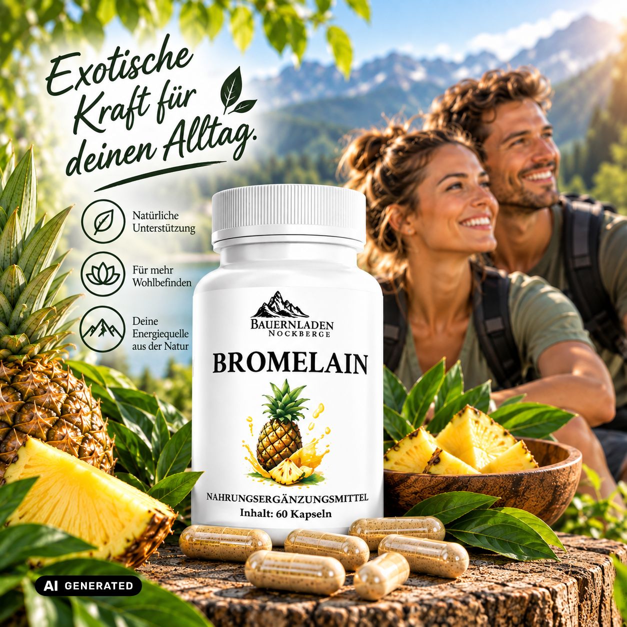 Bromelain-Kapseln von Bauernladen Nockberge, 60 Stück, mit Ananas-Motiv.