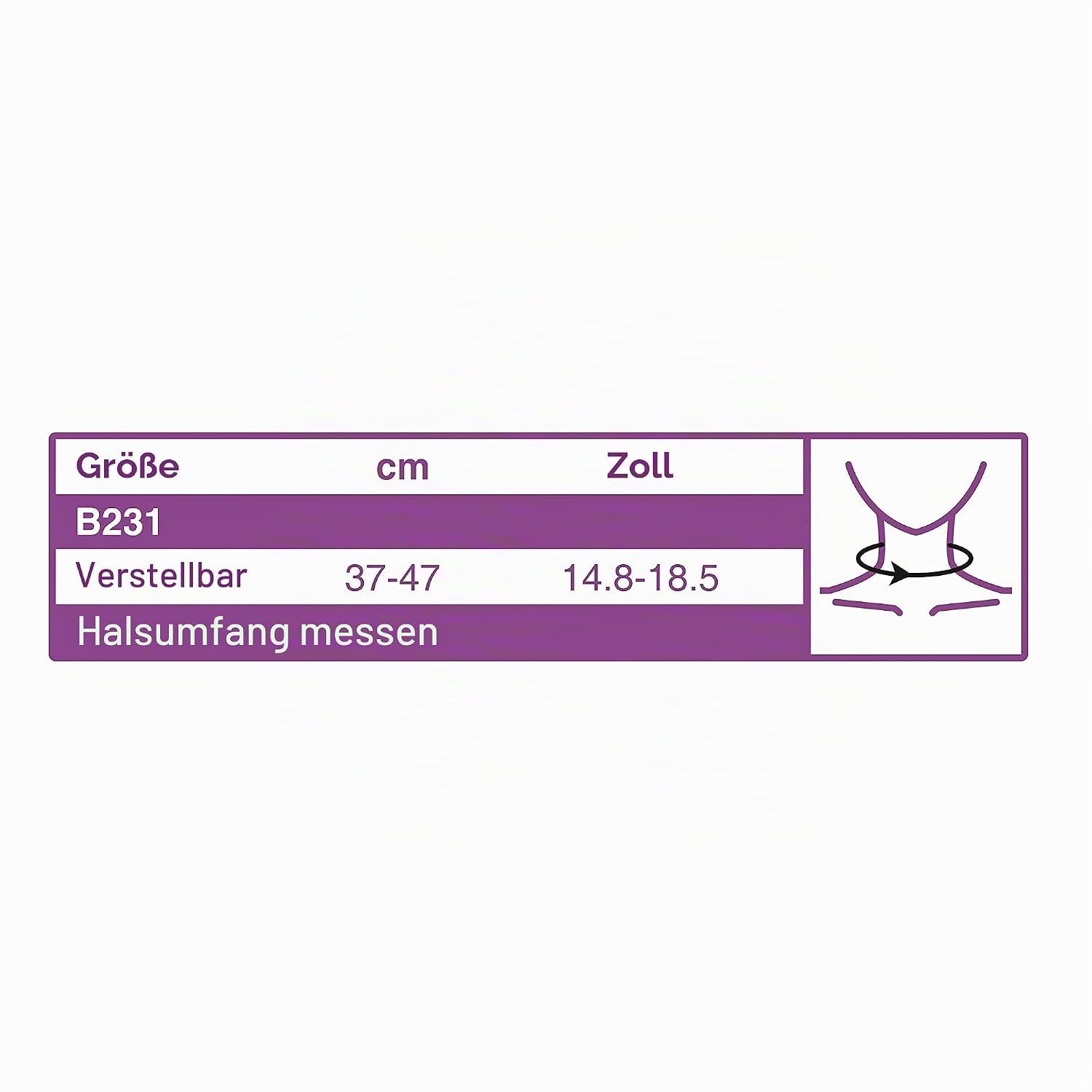 Größentabelle für Nackenschutz: Verstellbar von 37-47 cm Halsumfang.