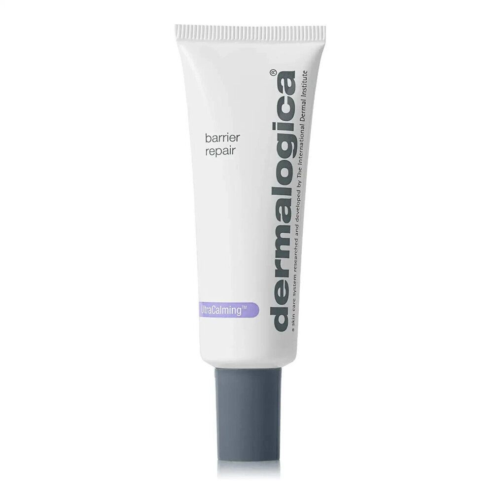 Weiße Tube mit grauer Kappe. Aufschrift: barrier repair, dermalogica, UltraCalming. 30 ml.
