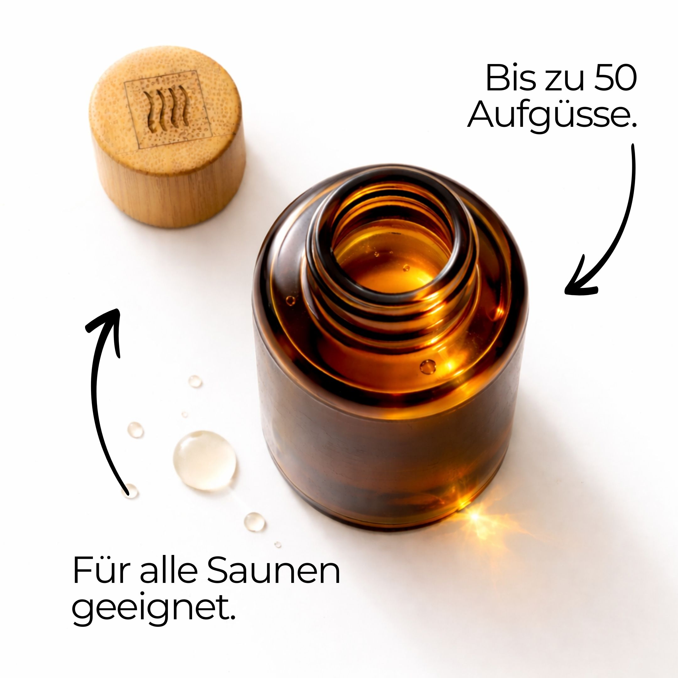 Braune Glasflasche mit Holzverschluss. Text: Für alle Saunen geeignet. Bis zu 50 Aufgüsse.