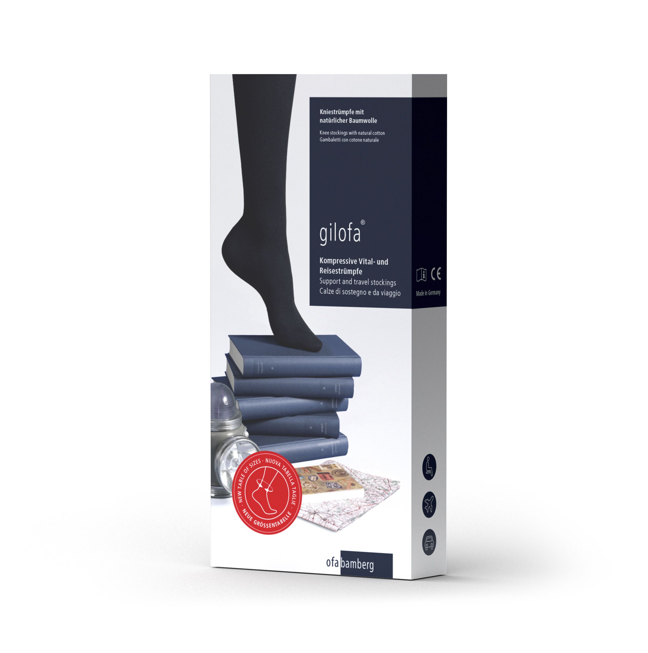 Verpackung mit schwarzem Kompressionsstrumpf. Text: 'gilofa', 'Kompressionsstrümpfe'.