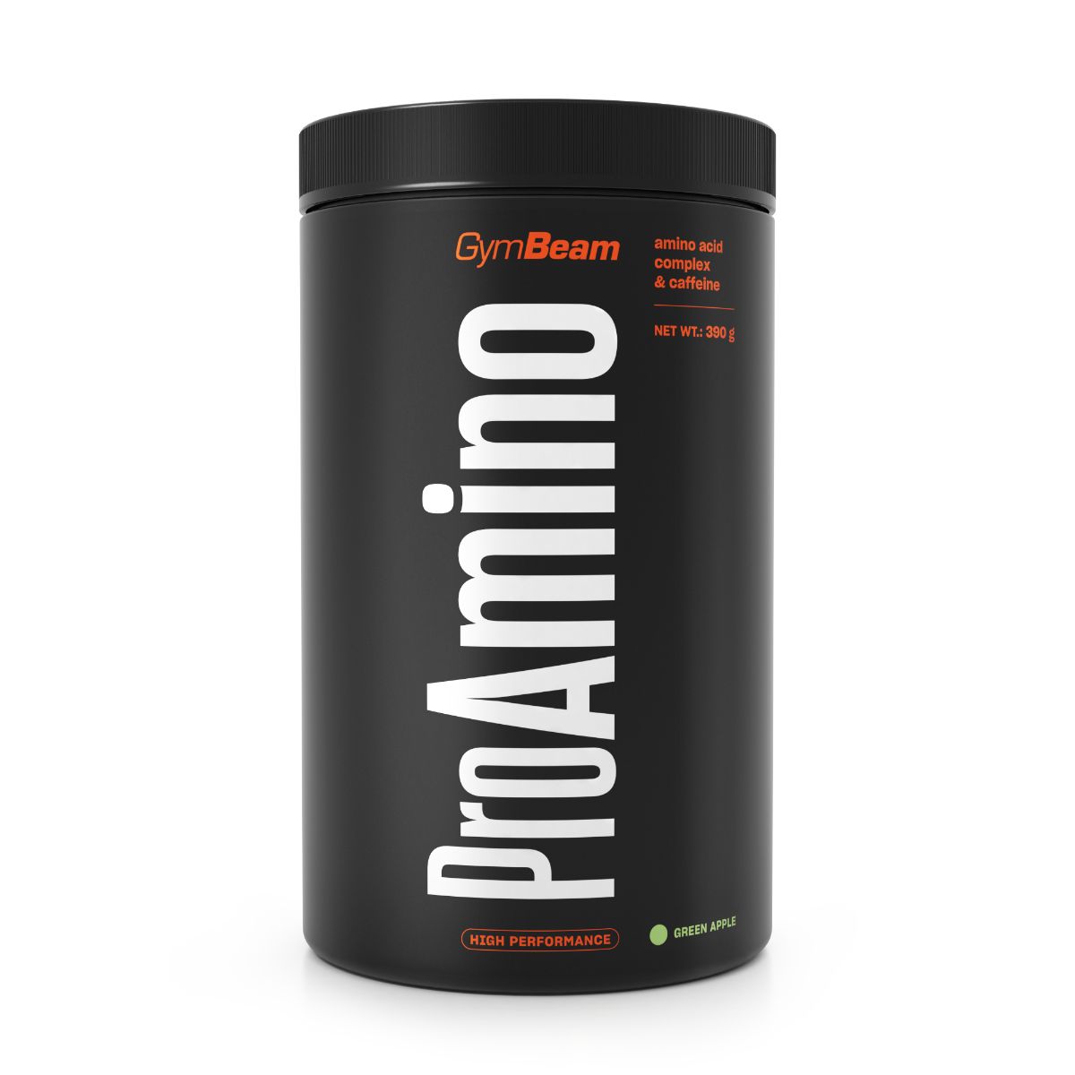Schwarzer Behälter mit GymBeam ProAMINO Aminosäuren-Komplex Pulver, Geschmacksrichtung Green Apple.