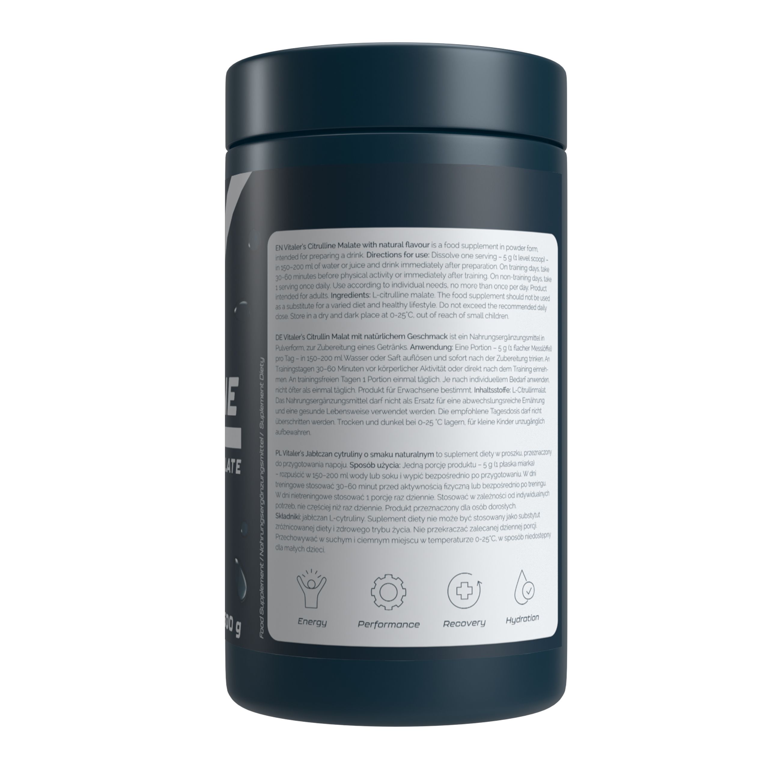 Dunkelblaue Dose mit Etikett, das Inhaltsstoffe und Anwendungshinweise auflistet. Enthält Icons für Energie, Leistung, Erholung und Hydration.
