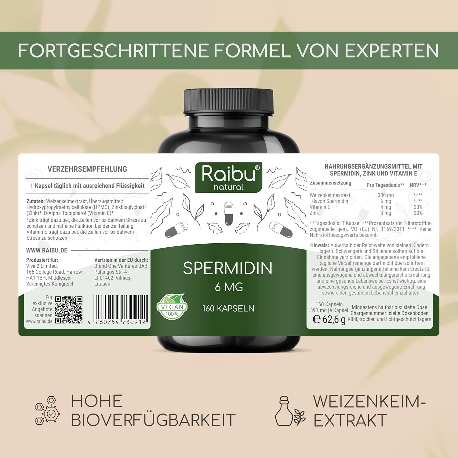 Produktflasche mit Etikett. Text: Spermidin 6 mg, 160 Kapseln. Zusätzliche Informationen auf einem weißen Hintergrund. Text in deutscher Sprache.