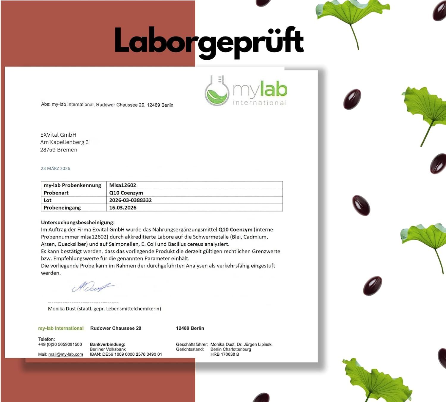 Laborbericht für EXVital Q10 Coenzym. Bestätigt die Analyse von Schwermetallen.