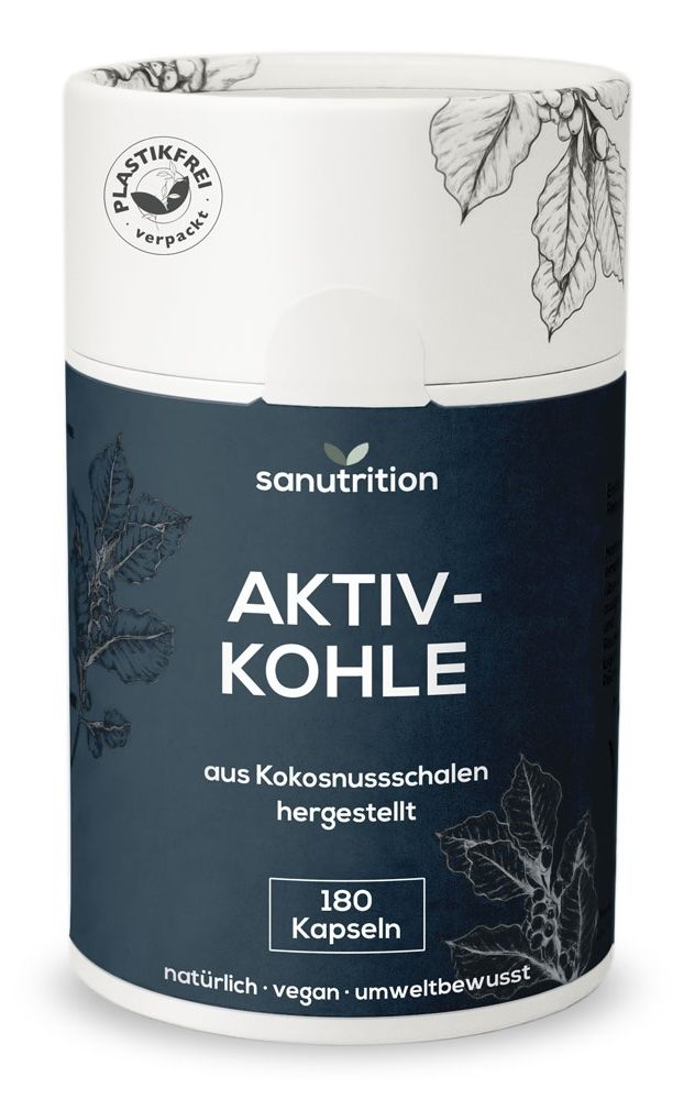 Zylindrische Dose mit Sanutrition-Logo und Aufschrift AKTIV-KOHLE. Enthält 180 Kapseln. "Plastikfrei verpackt"-Logo.