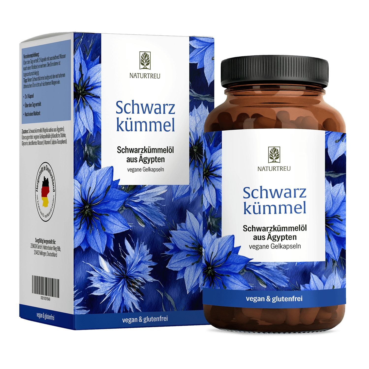 NATURTREU Schwarzkümmelöl Kapseln mit Schachtel und Flasche, blaue Blüten.