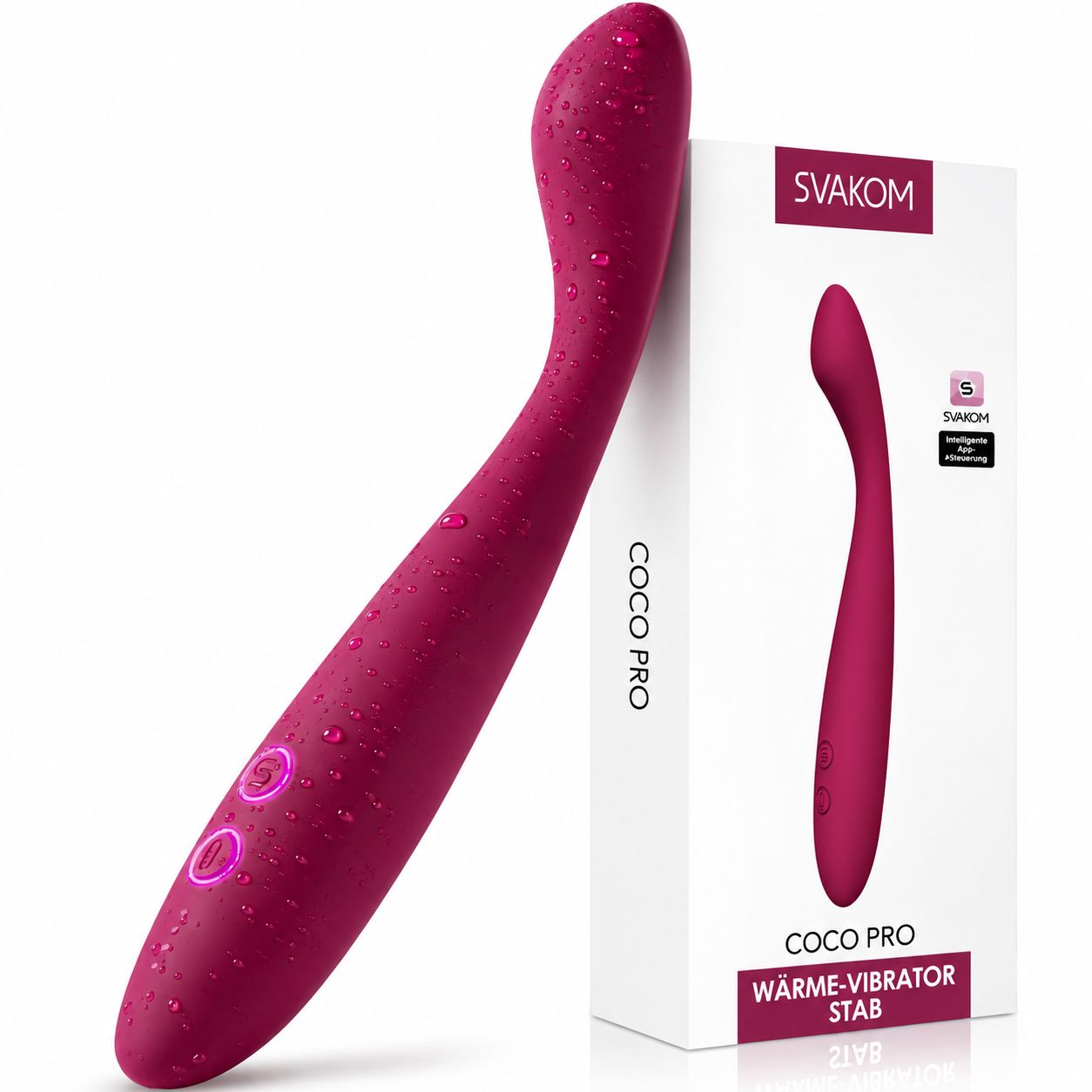 Lila Vibrator neben seiner Verpackung. Produktname: Coco Pro Wärme-Vibrator Stab.