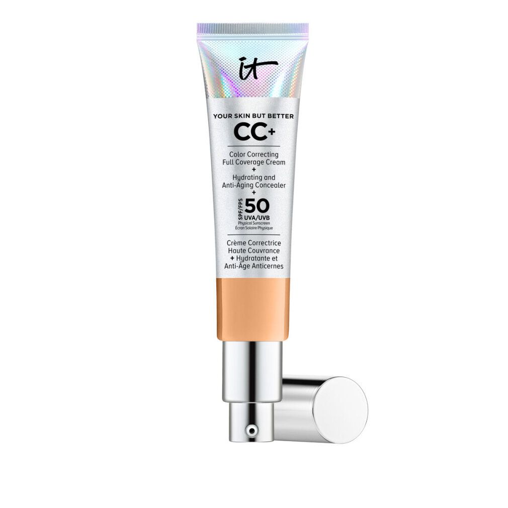 Tube mit CC+ Creme-Foundation. Farbkorrigierend, deckend, mit LSF 50. Silberne Kappe und Pumpmechanismus. Farbton: Neutral Tan.