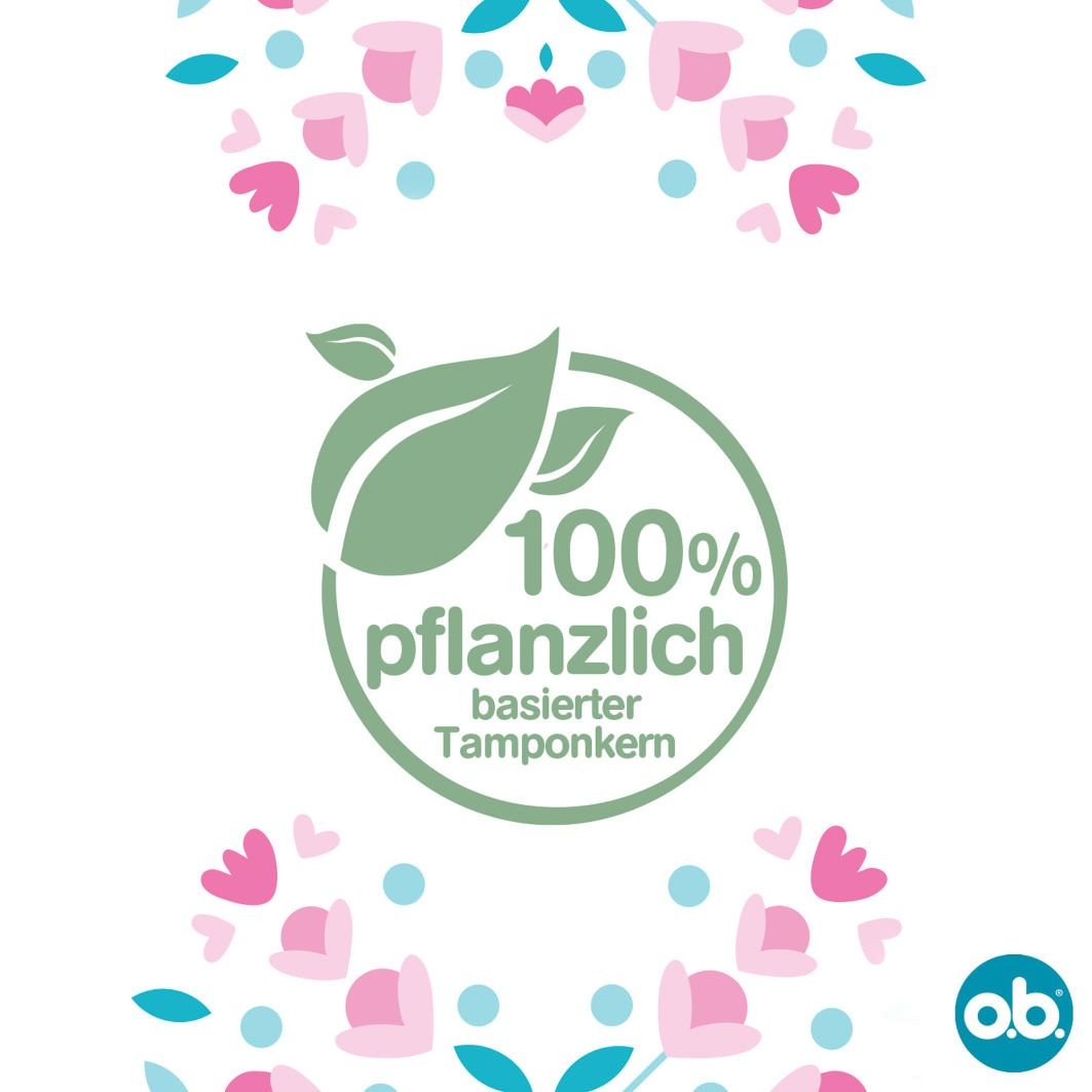 Logo: gynäkologisch getestet. Tampon und Logo o.b.. Mit floralem Muster.