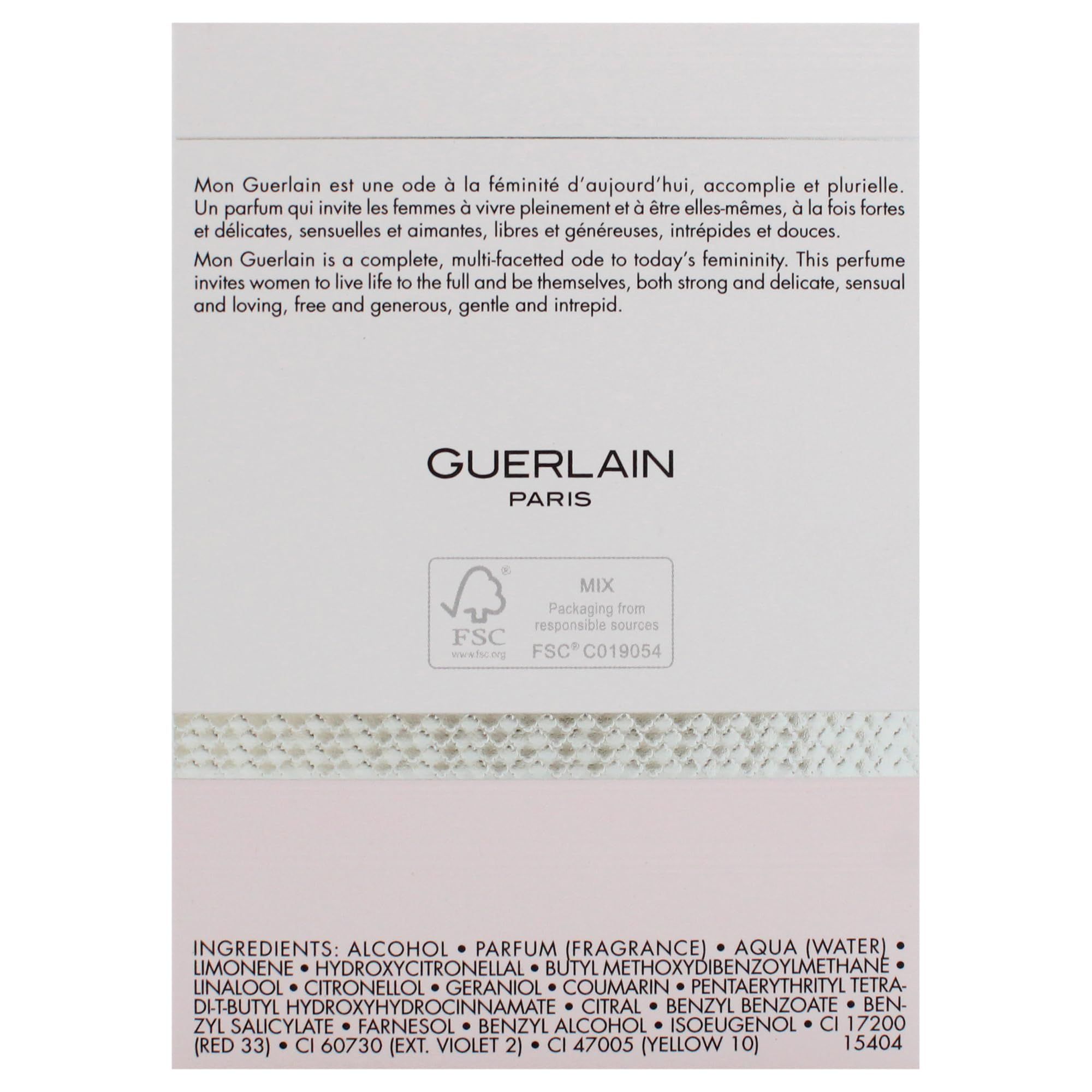 Rückseite der Verpackung. Text: Guerlain Paris. FSC-Logo. Inhaltsstoffe und Text über das Produkt.