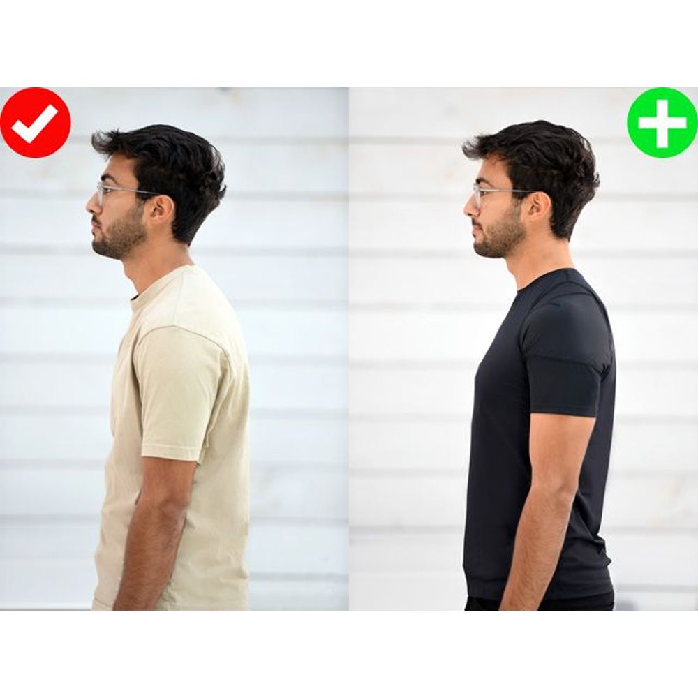 Vergleich von Haltung. Links: Mann in beigem T-Shirt mit schlechter Haltung. Rechts: Mann in schwarzem Shirt mit guter Haltung.