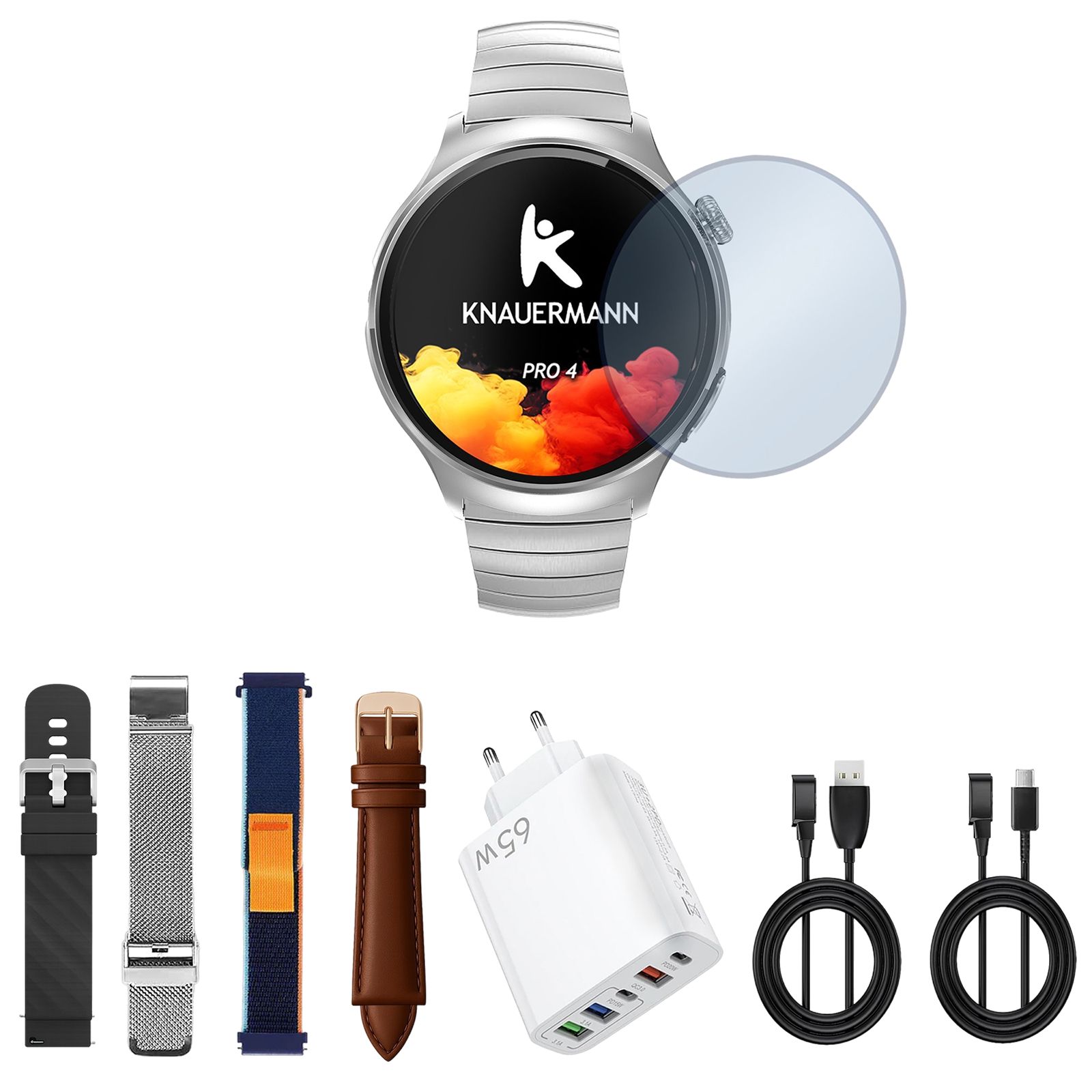 Smartwatch mit Zubehör: Armbänder, Ladegerät, Ladekabel und Schutzfolie. KNAUERMANN PRO 4.