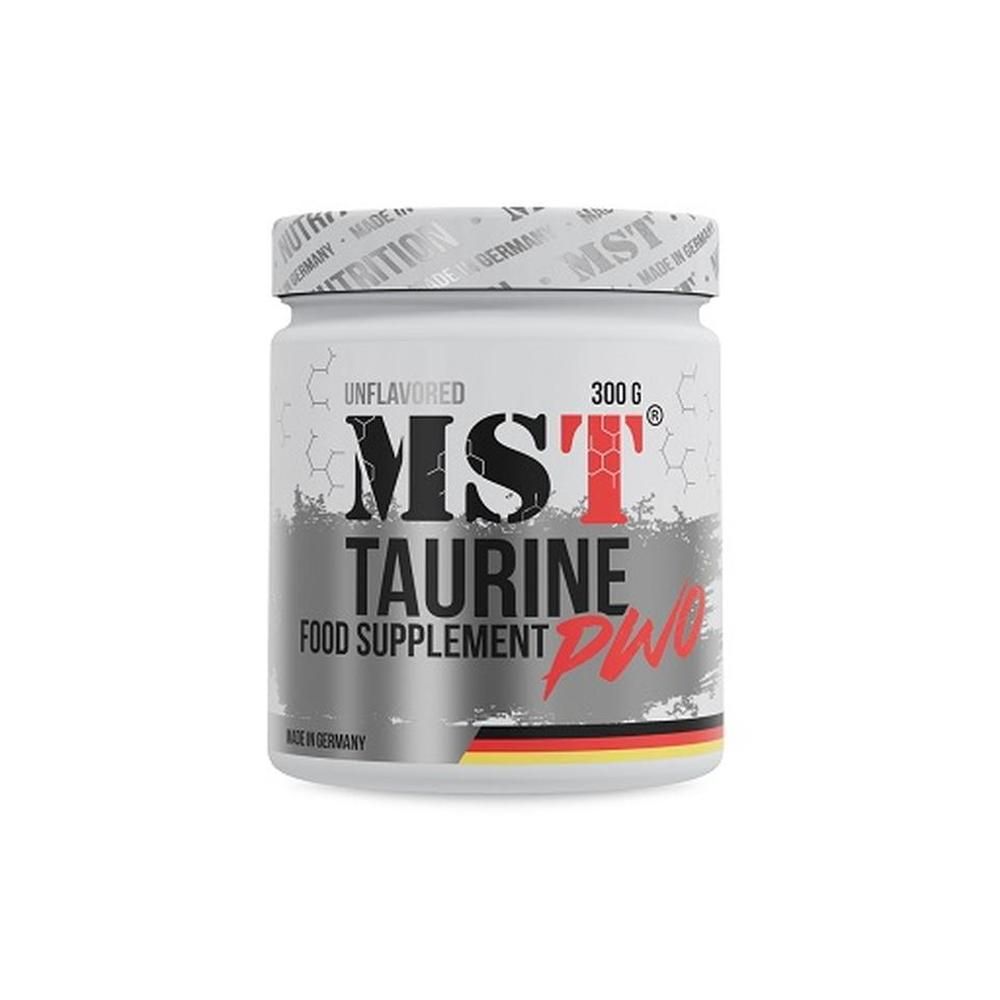 Weiße Dose mit MST-Logo und Taurin-Schriftzug. Aufdruck: 300g, unflavored. Deutscher Flaggen-Aufdruck.