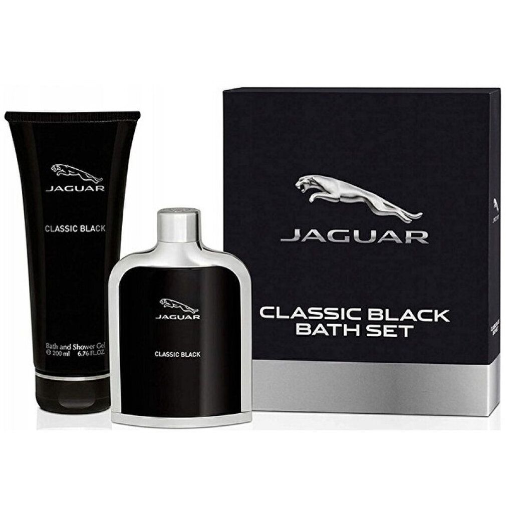 Schwarzes Jaguar Classic Black Bath Set. Enthält Flakon, Tube und Schachtel. Silbernes Logo und Schriftzug.