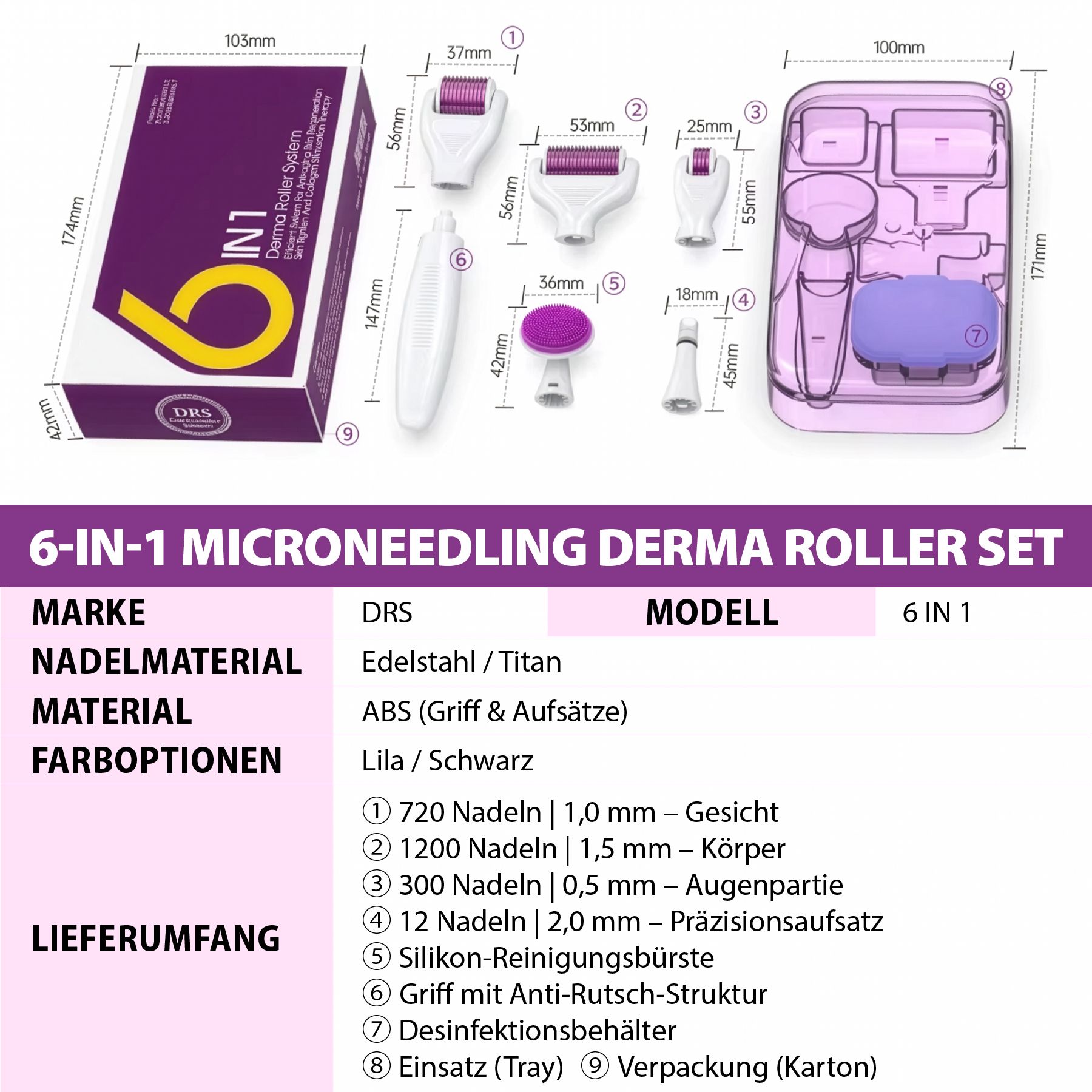 Detaillierte Tabelle mit Produktinformationen: Marke, Modell, Nadelmaterial, Material, Farboptionen und Lieferumfang.