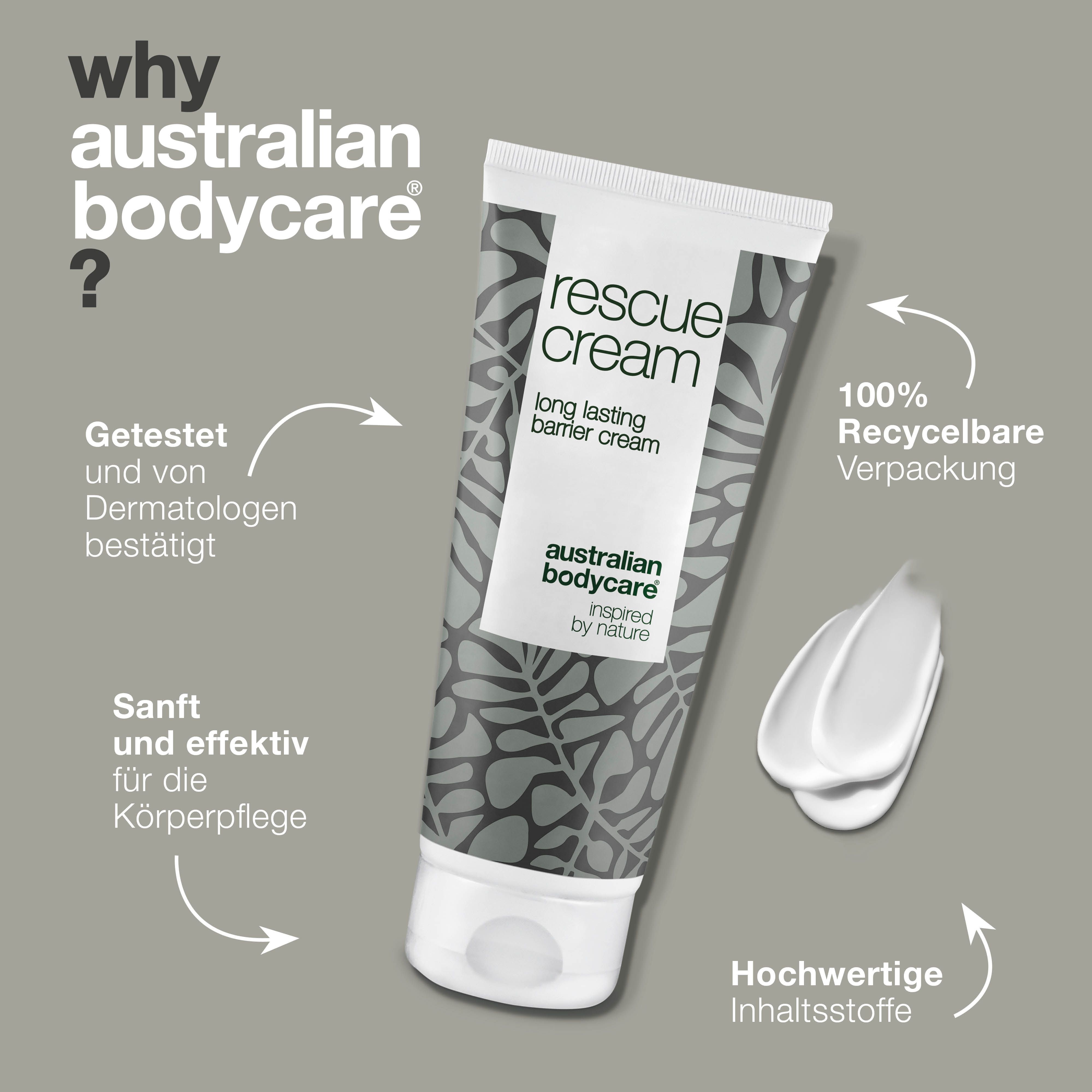 Tube Barrierecreme und Text. Text: rescue cream, australian bodycare.