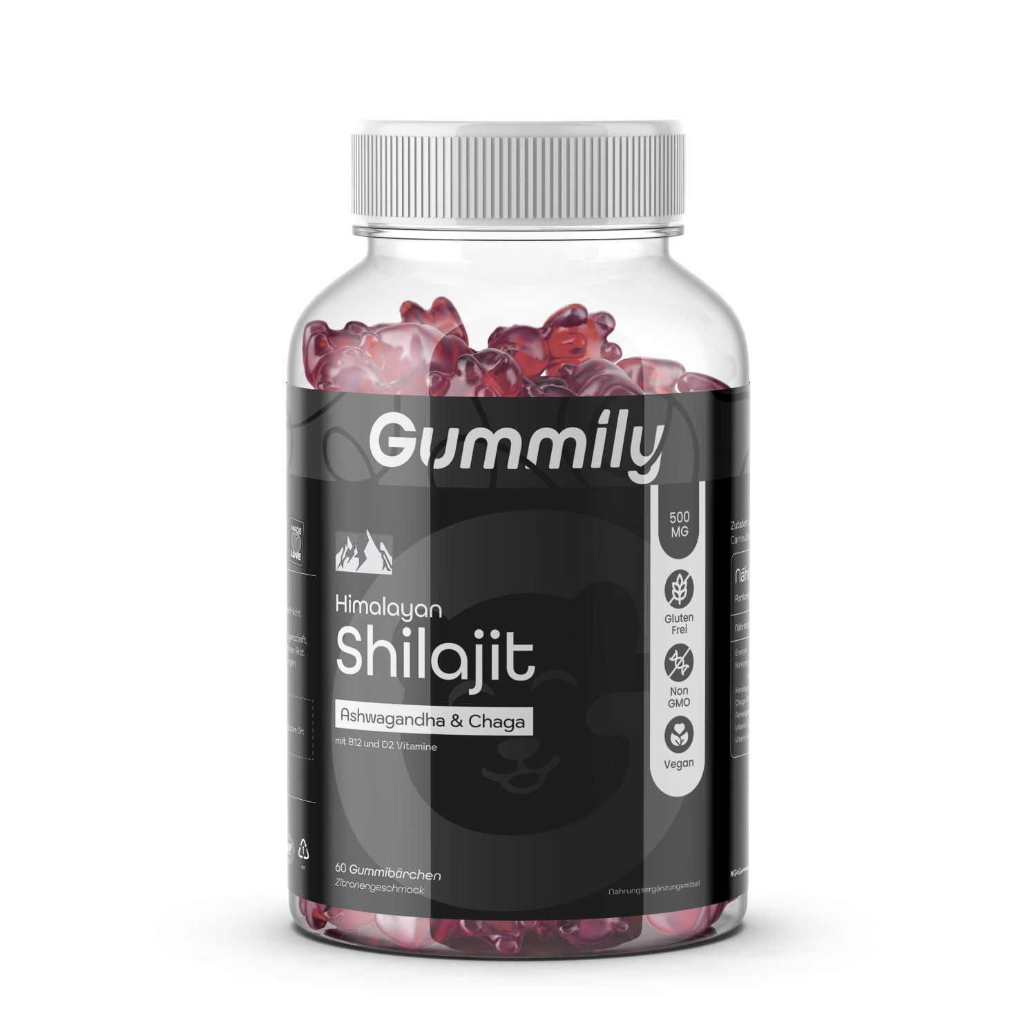 Klare Flasche mit Gummily® Himalayan Shilajit Gummies. Schwarzes Etikett mit Produktinformationen. Deckel und Gummies sichtbar.