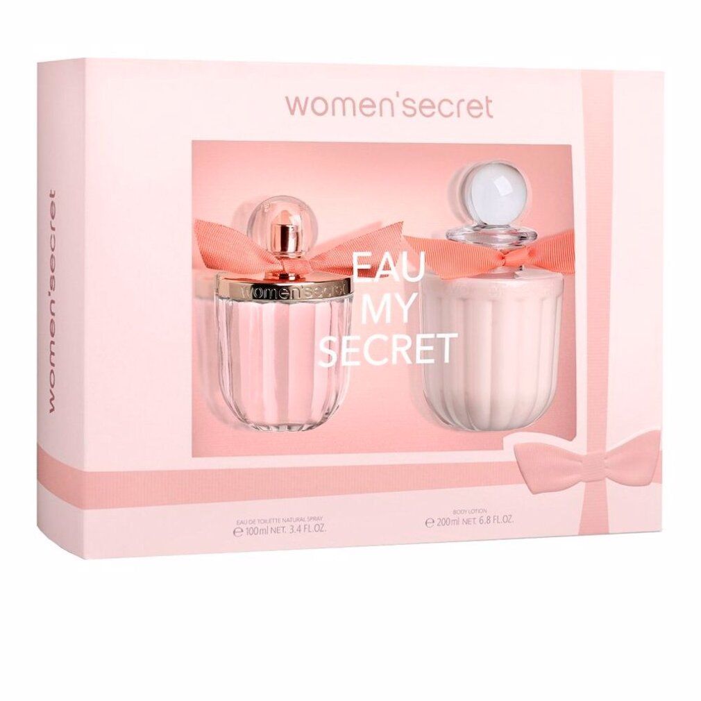 Rosa Geschenkbox mit zwei Flakons. Aufschrift "Eau My Secret". Flakons mit rosa Schleifen und Deckeln.