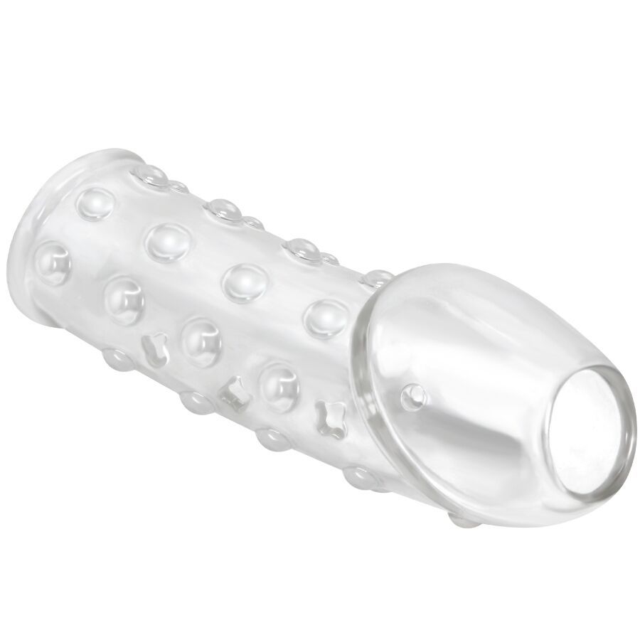 Transparente Penisverlängerung mit Noppen. Schräge Ansicht, zylindrische Form mit abgerundeter Spitze.
