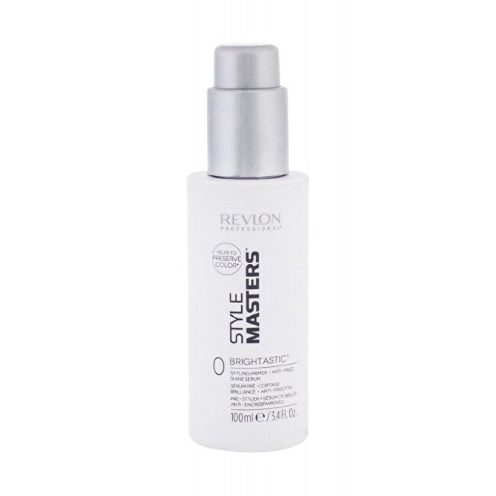 Weiße Flasche mit silbernem Pumpkopf. Aufschrift: Revlon Style Masters Brightastic. 100ml.