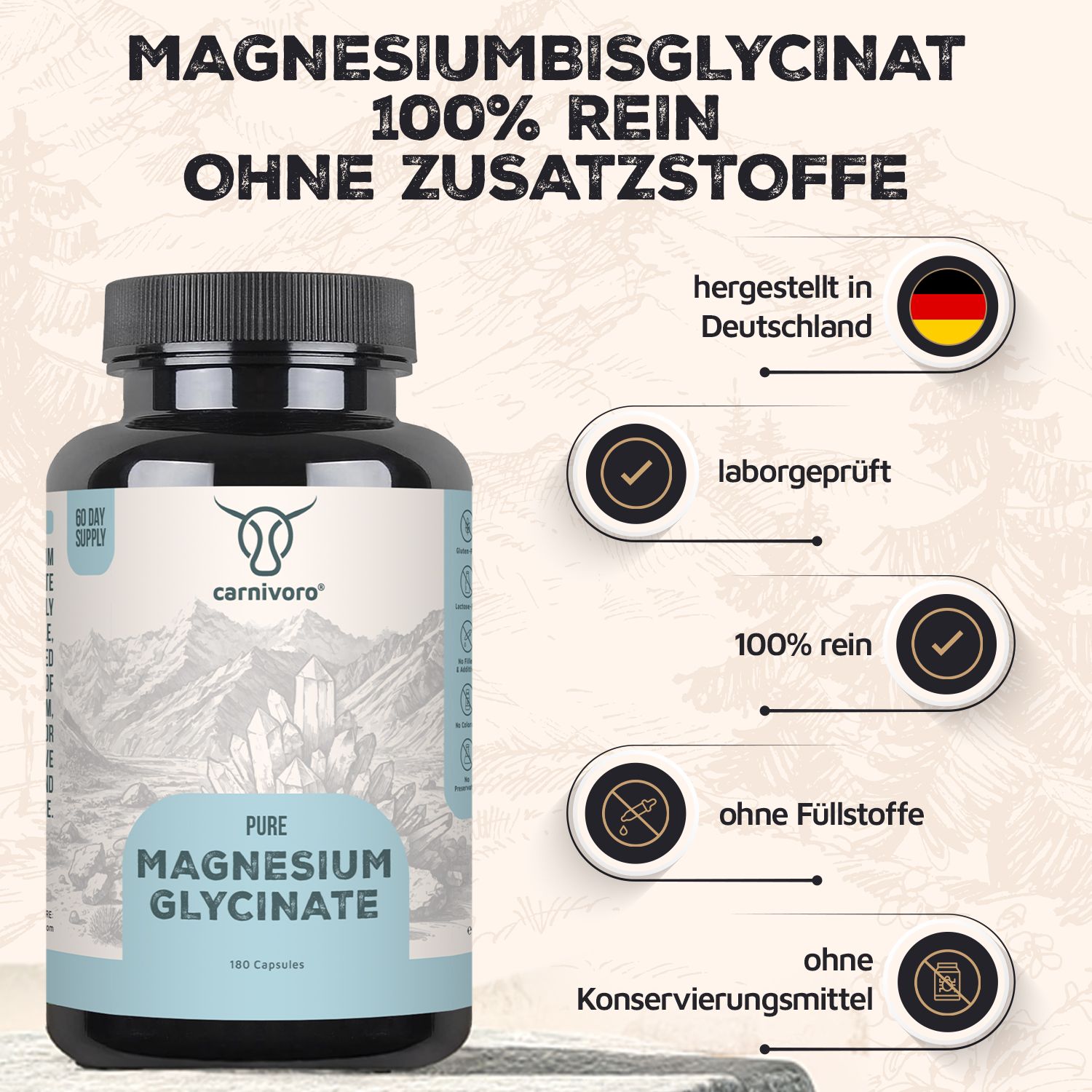 Flasche mit schwarzem Deckel. Aufschrift: Pure Magnesium Glycinate, 180 Kapseln. Logo: carnivoro®. Text: 100% rein, ohne Zusatzstoffe.