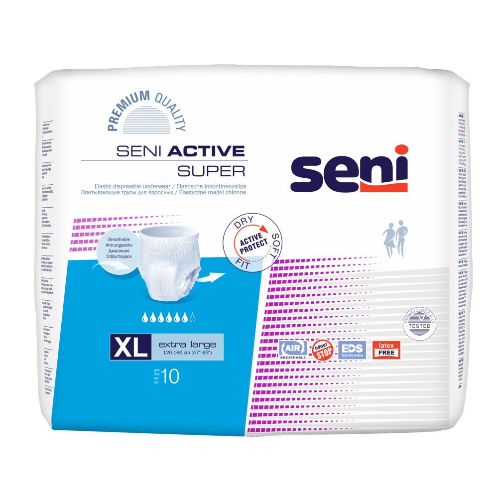 Verpackung Seni Active Super XL. XL-Größe, 10 Stück. Blaue Verpackung.