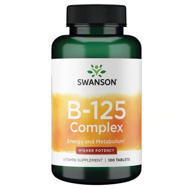 Grüne Flasche mit weißem Etikett. Aufschrift: SWANSON B-125 Complex, Vitamin-Ergänzungsmittel, 100 Tabletten.