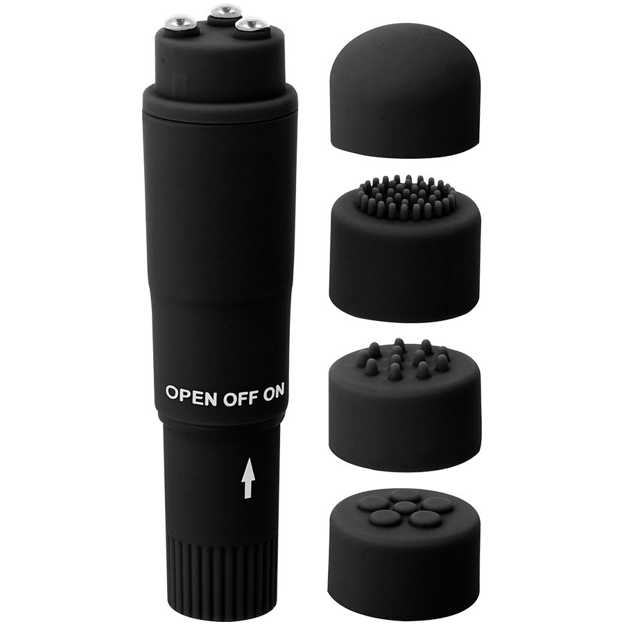 Schwarzer Mini-Massagevibrator mit vier Aufsätzen: glatt, Bürste, Noppen und Kugeln.