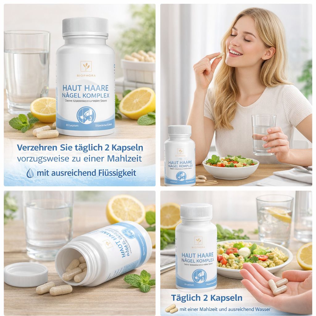 Mehrere Bilder zeigen eine Frau, die eine Kapsel einnimmt. Flasche mit Aufschrift: Haut Haare Nägel Komplex.