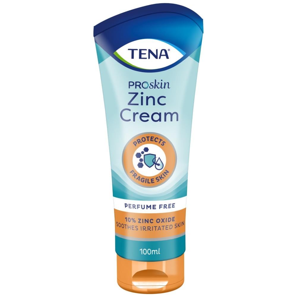 TENA ProSkin Zink Cream Tube. Blaue und weiße Tube mit orangefarbenem Deckel. Enthält 10% Zinkoxid. Für empfindliche Haut.