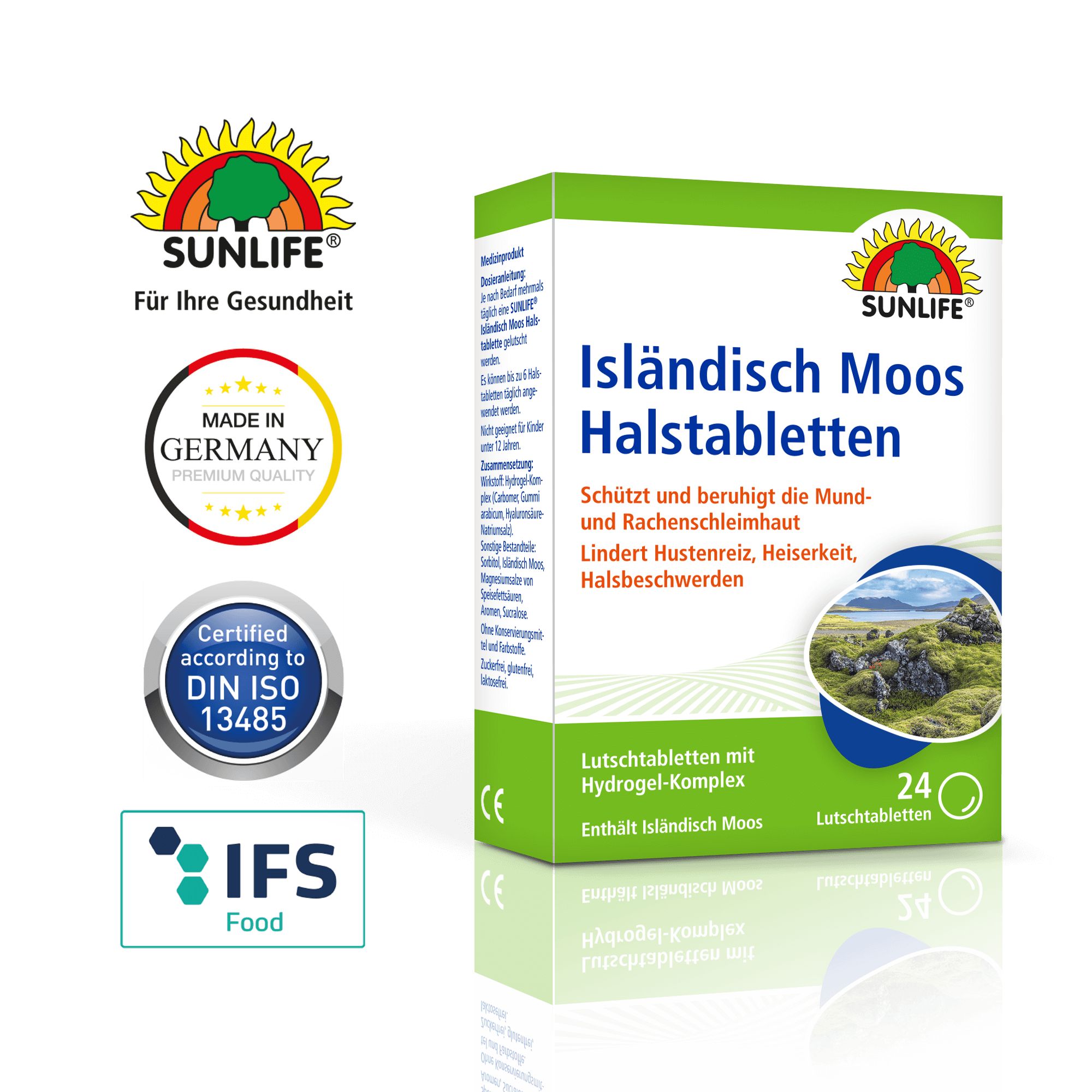 Sunlife Halstabletten Isländisch Moos Verpackung. Grün-weiße Schachtel mit Logo, Produktnamen und Zertifizierungen. 24 Lutschtabletten.