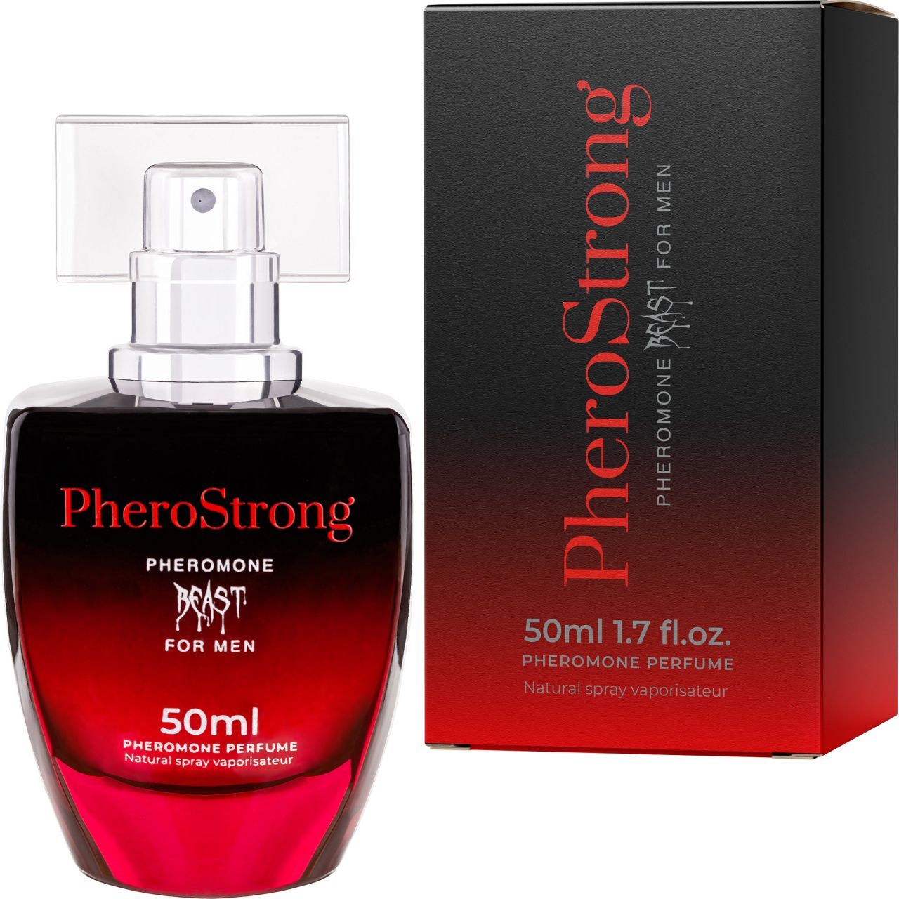 PheroStrong Pheromon Parfüm für Männer, 50ml Flakon mit Pumpsprühkopf und Umverpackung.